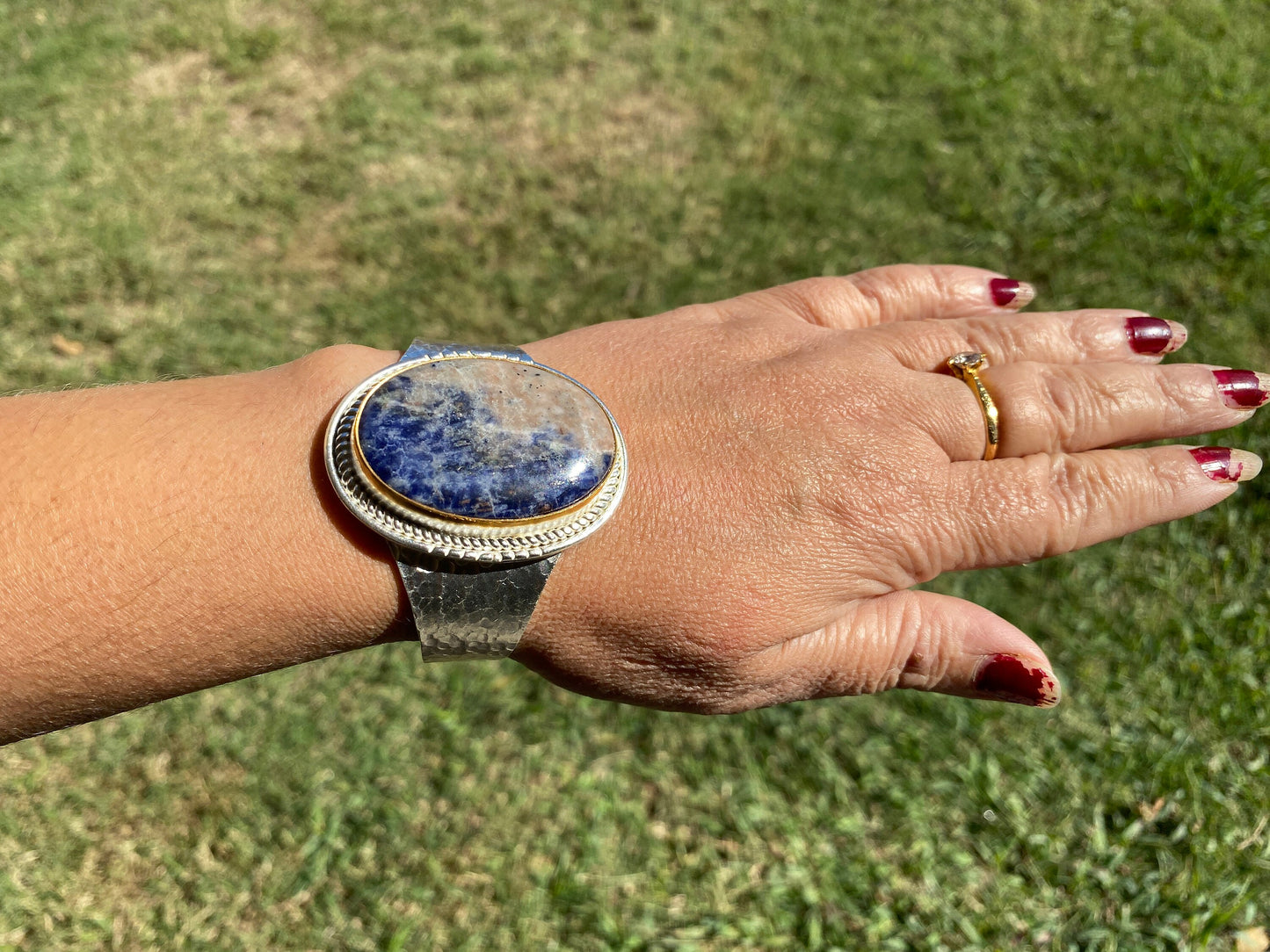 Adjustable Sodalite Natural Stone Wide Band Cuff, Brushed Gold with Silver Overlay, Hammered Bracelet, Wide Cuff, Handcrafted Jewelry