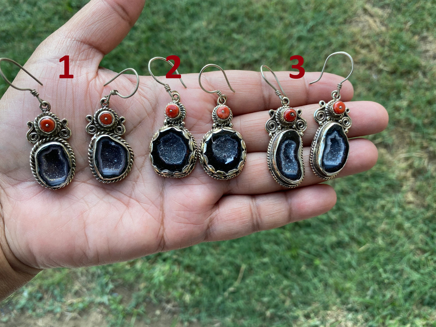 Adorable Druzy Tabasco Geode with Coral Tibetan Silver Earrings, Druzy Geode Jewelry, Dangle Earring, Crystals Earrings, Natural Geode