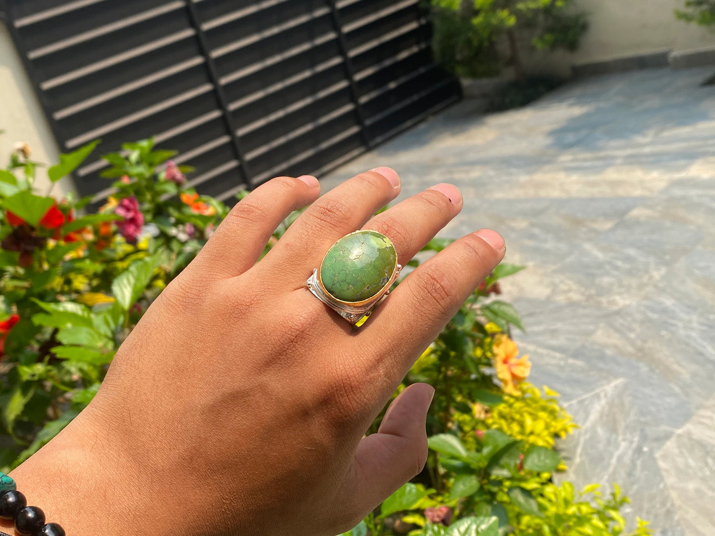 Aesthetic Adjustable Hammered Turquoise Ring with Gold and Silver Overlay, Two Tone Ring, Hippie Ring, Unisex Ring.
