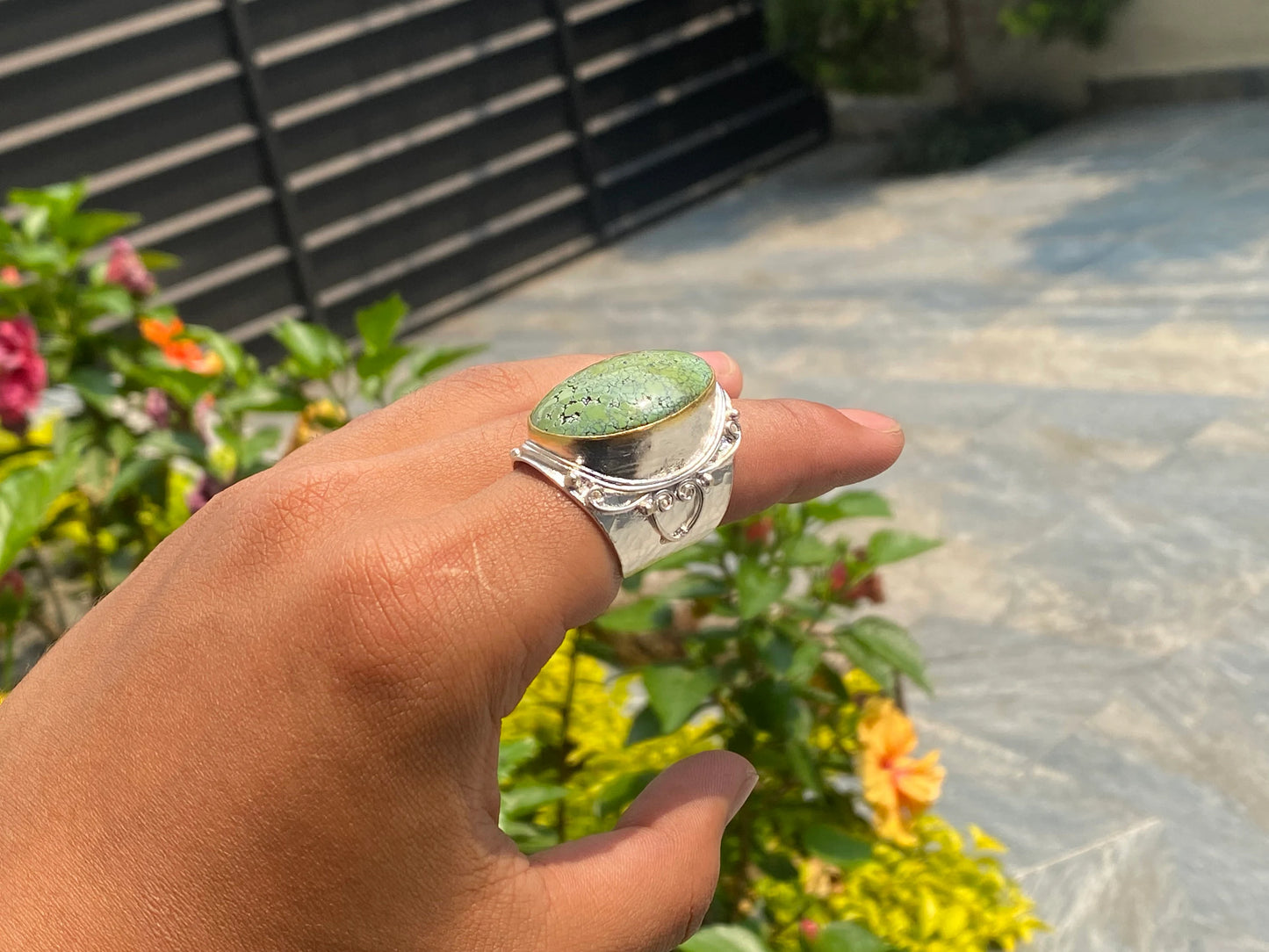 Aesthetic Adjustable Hammered Turquoise Ring with Gold and Silver Overlay, Two Tone Ring, Hippie Ring, Unisex Ring.