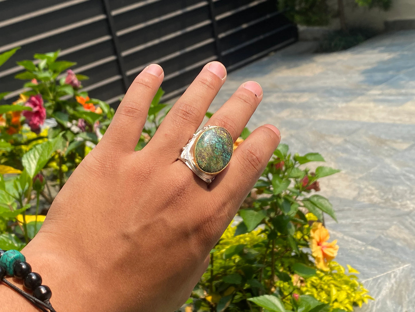 Aesthetic Adjustable Hammered Turquoise Ring with Gold and Silver Overlay, Two Tone Ring, Hippie Ring, Unisex Ring.