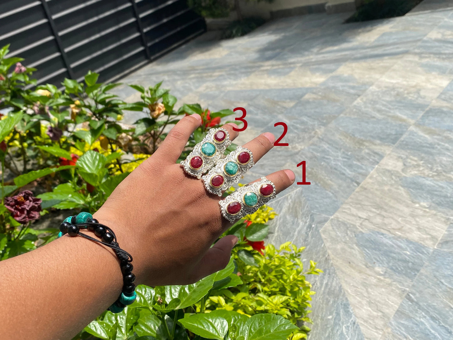 Aesthetic Big Adjustable Ring, Handmade Ring, Hammered Ring, Floral designed Ring, Natural Ruby and Emerald Sone.