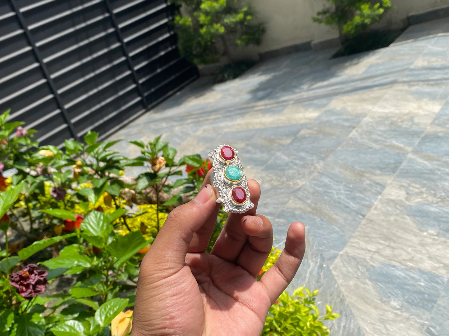 Aesthetic Big Adjustable Ring, Handmade Ring, Hammered Ring, Floral designed Ring, Natural Ruby and Emerald Sone.