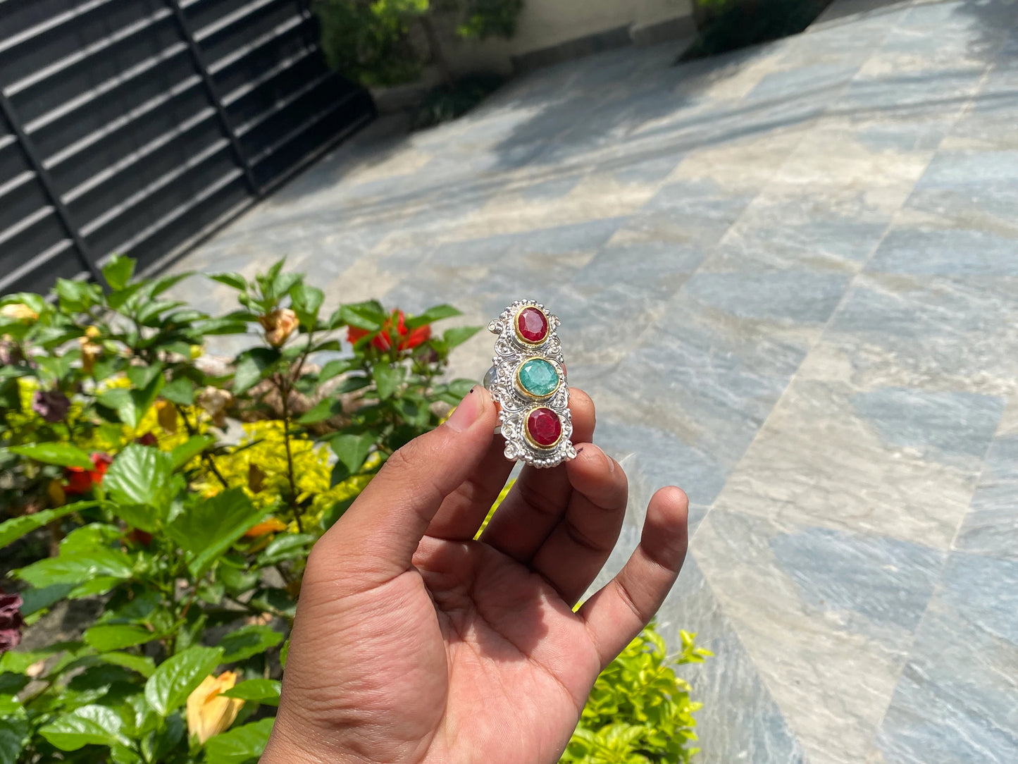 Aesthetic Big Adjustable Ring, Handmade Ring, Hammered Ring, Floral designed Ring, Natural Ruby and Emerald Sone.
