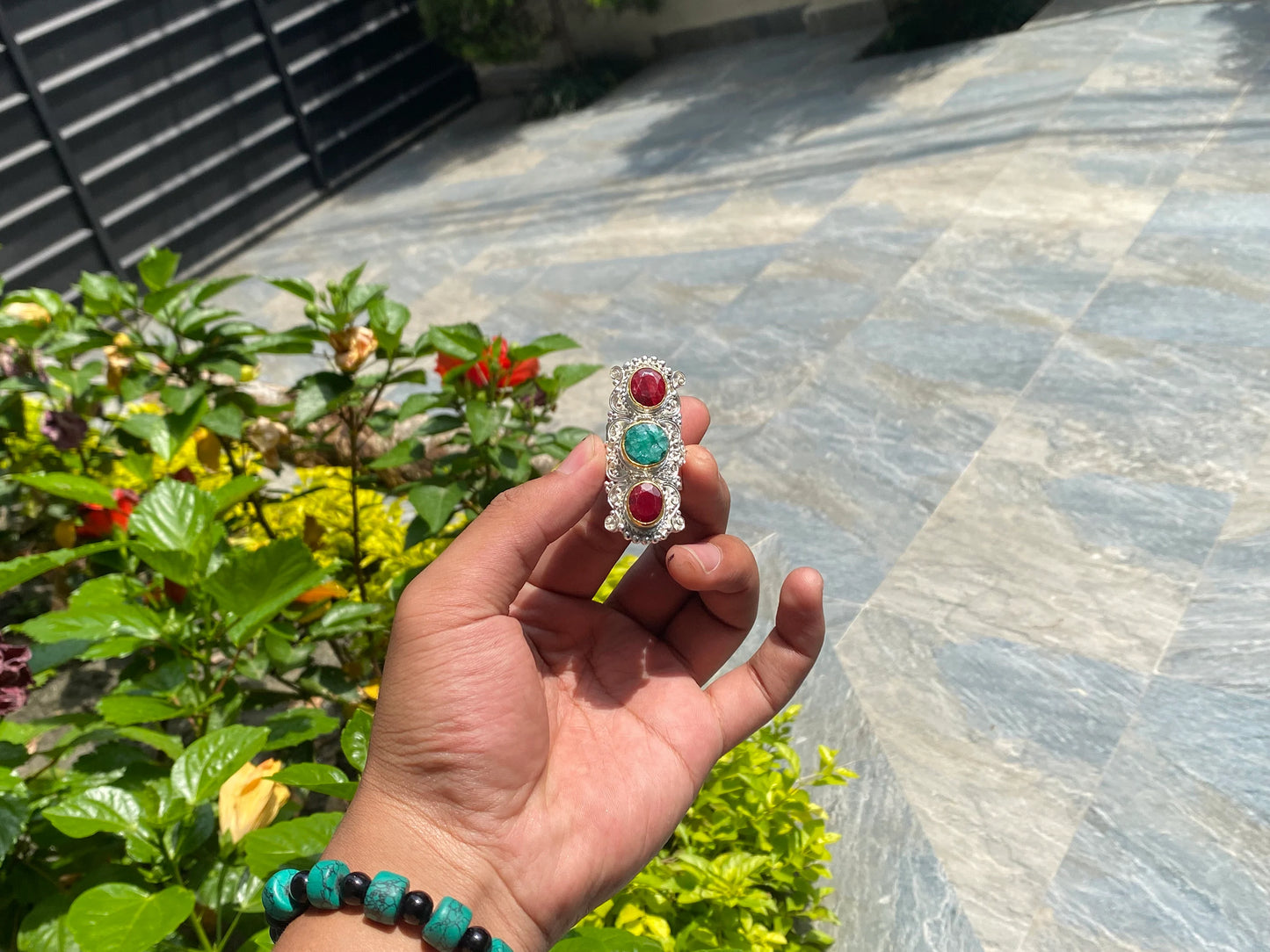 Aesthetic Big Adjustable Ring, Handmade Ring, Hammered Ring, Floral designed Ring, Natural Ruby and Emerald Sone.