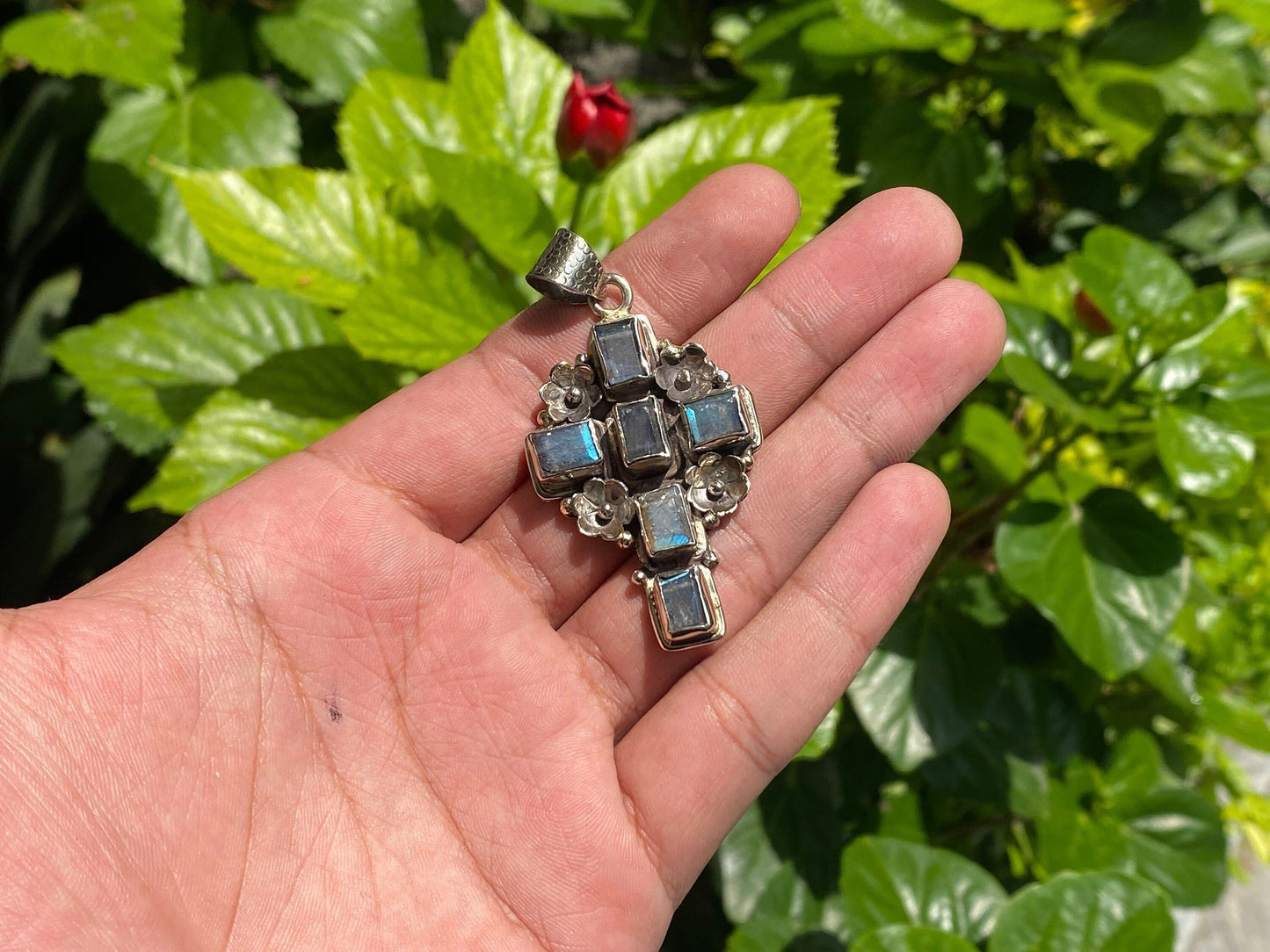 Aesthetic Daily wear Cross Shaped Pendant, Tibetan Silver adorned with Natural Labradorite, Handmade pendant, Unisex Pendant, Unique design.