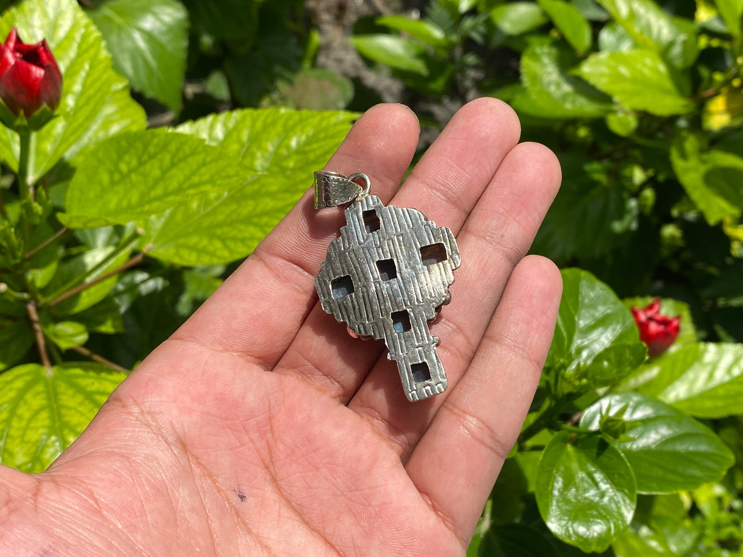 Aesthetic Daily wear Cross Shaped Pendant, Tibetan Silver adorned with Natural Labradorite, Handmade pendant, Unisex Pendant, Unique design.