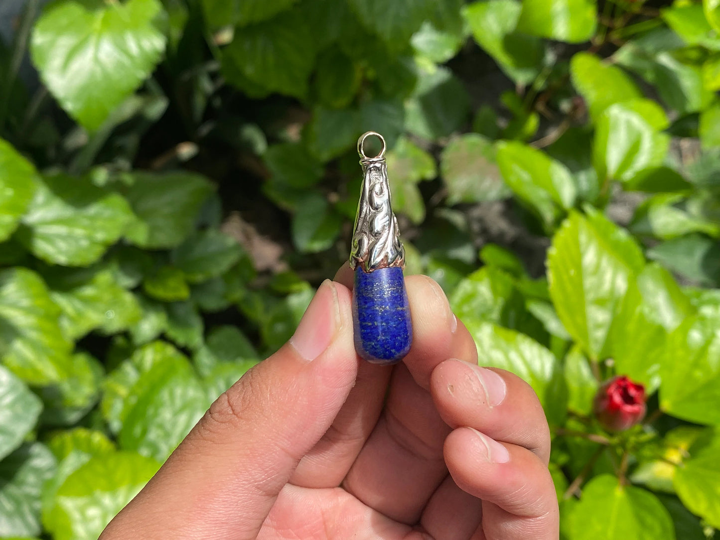Aesthetic Drop Pendant, Floral design on Tibetan Silver adorned with Raw Lapis, Boho inspired , Pendant for every occasion, Unique Gift.