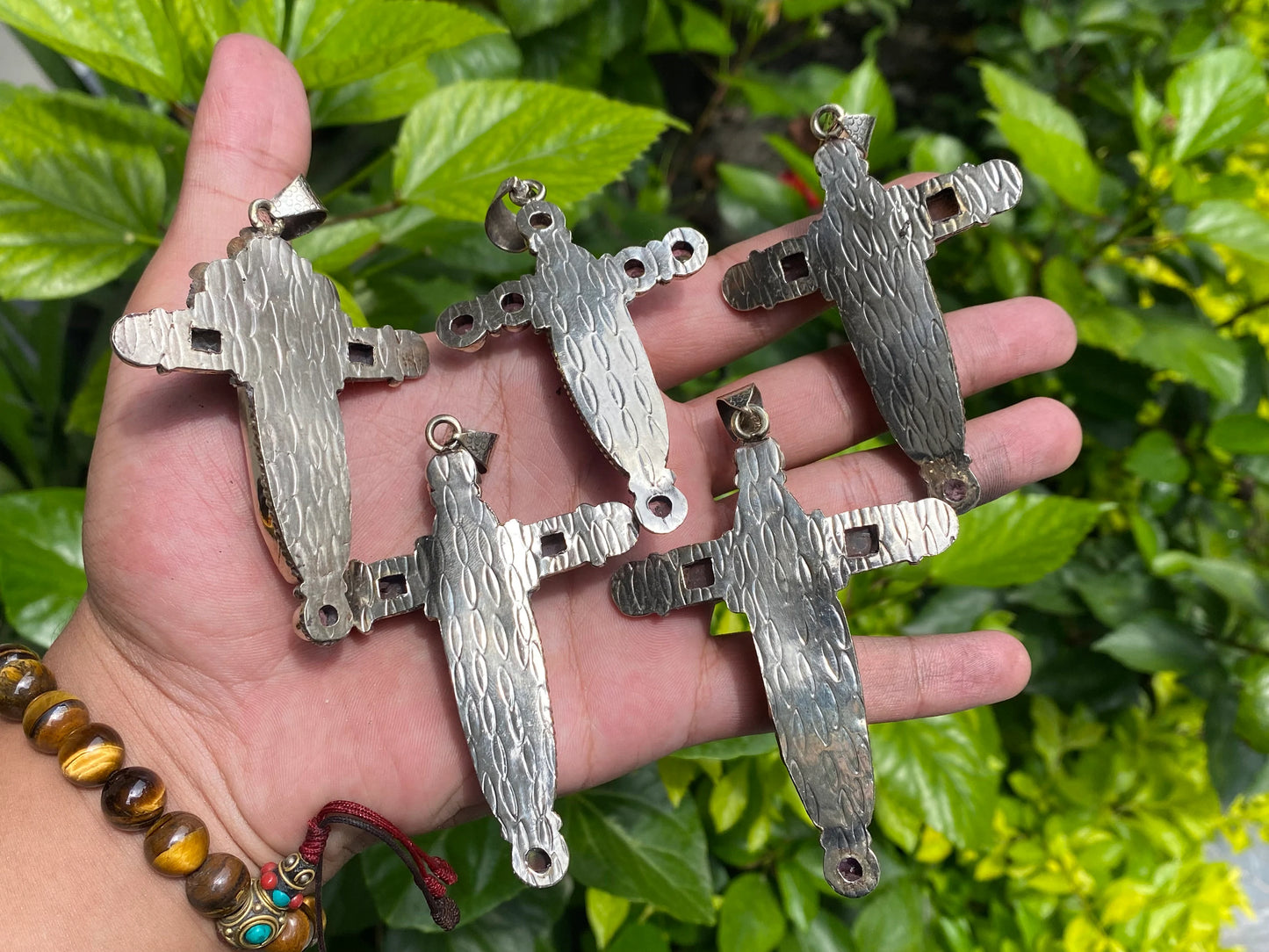 Aesthetic Durable Spiny Orange Oyster pendant for daily wear, Tibetan Silver and Natural Gemstones, Cross shaped Pendant, Unique Boho charm.