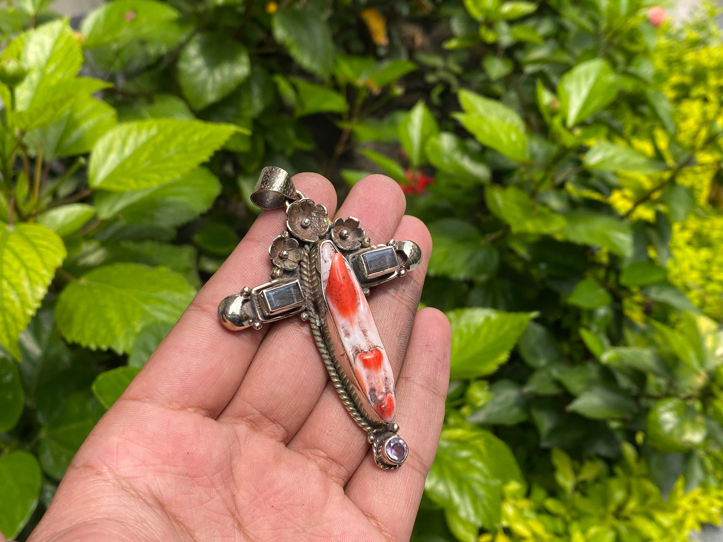 Aesthetic Durable Spiny Orange Oyster pendant for daily wear, Tibetan Silver and Natural Gemstones, Cross shaped Pendant, Unique Boho charm.