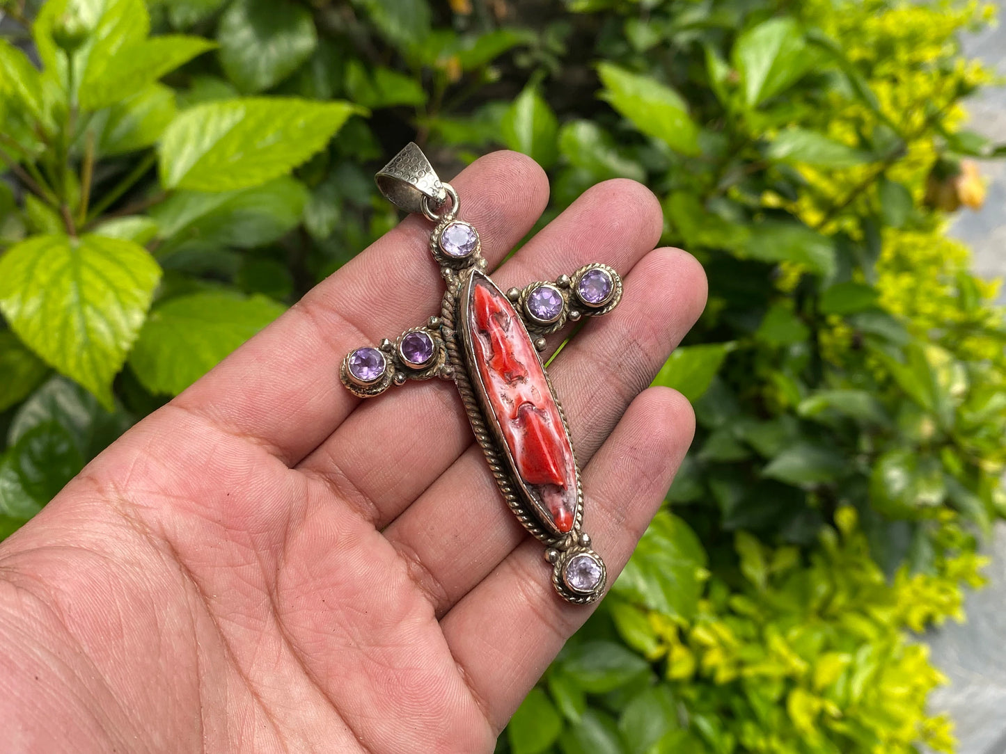Aesthetic Durable Spiny Orange Oyster pendant for daily wear, Tibetan Silver and Natural Gemstones, Cross shaped Pendant, Unique Boho charm.