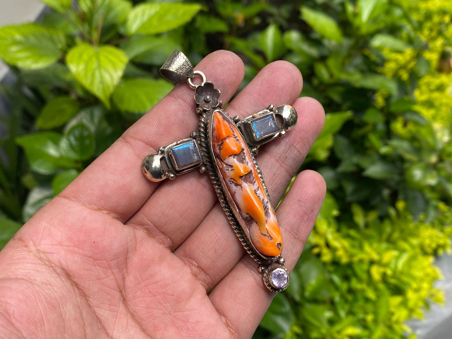 Aesthetic Durable Spiny Orange Oyster pendant for daily wear, Tibetan Silver and Natural Gemstones, Cross shaped Pendant, Unique Boho charm.