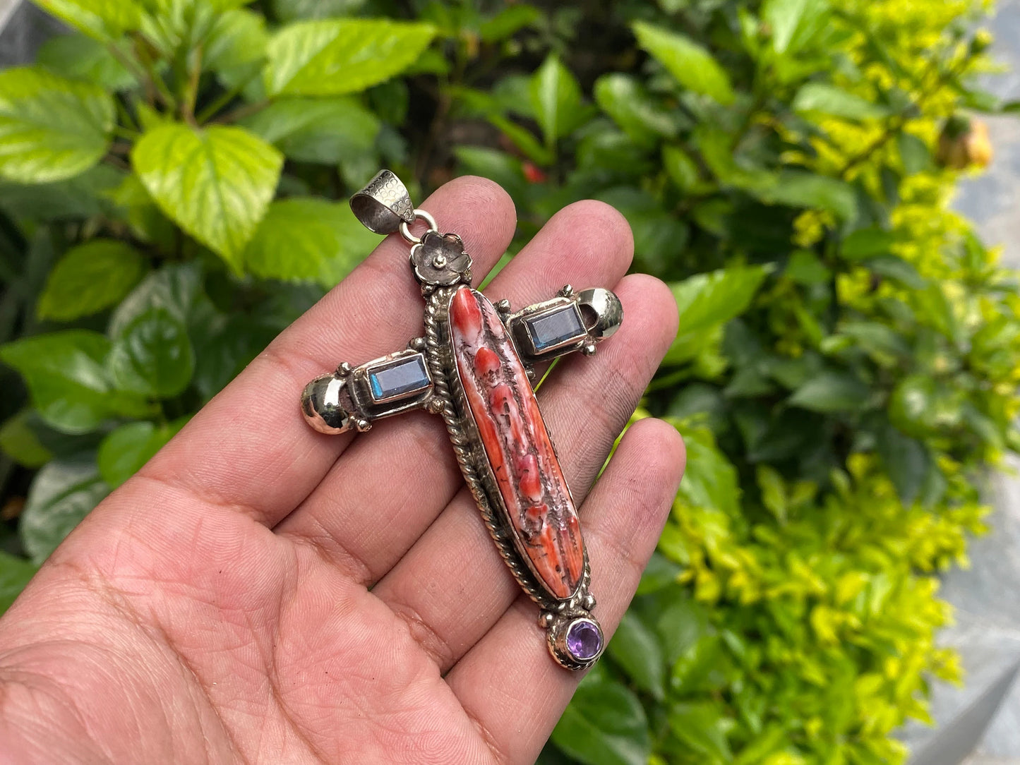 Aesthetic Durable Spiny Orange Oyster pendant for daily wear, Tibetan Silver and Natural Gemstones, Cross shaped Pendant, Unique Boho charm.