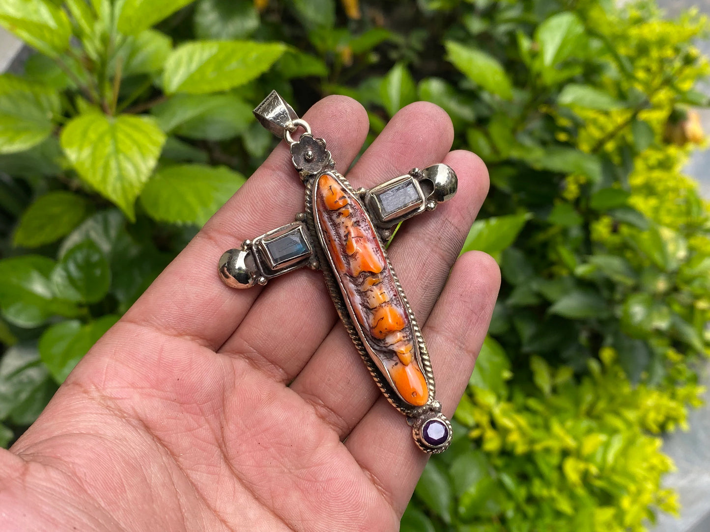 Aesthetic Durable Spiny Orange Oyster pendant for daily wear, Tibetan Silver and Natural Gemstones, Cross shaped Pendant, Unique Boho charm.