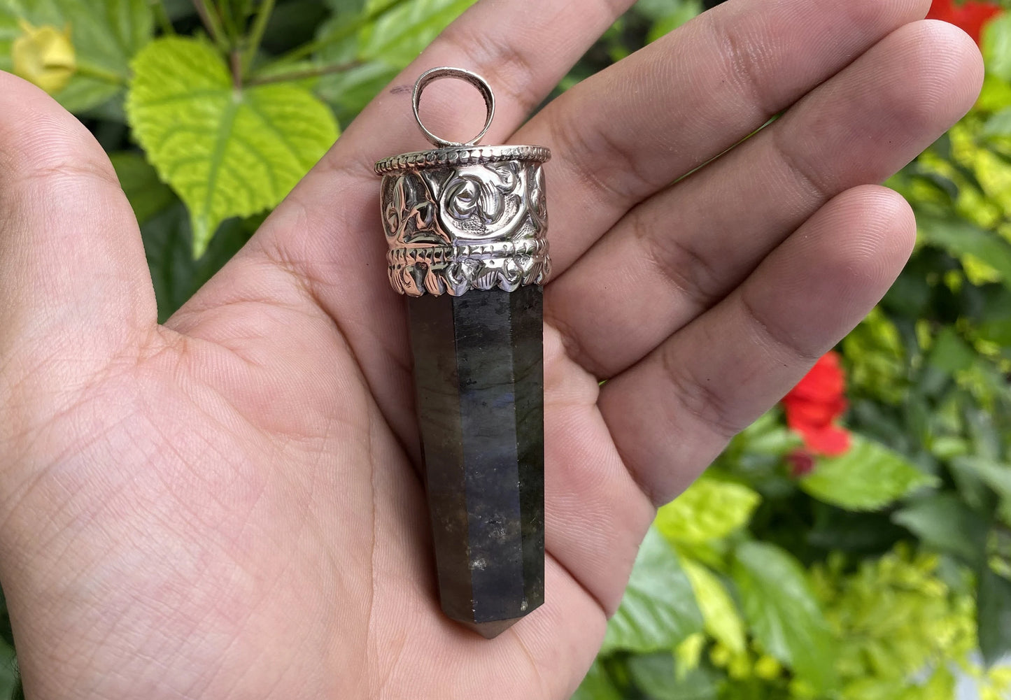 Aesthetic Labradorite Pendant: Big, Bold, and Perfect for Everyday Wear, Durable and Easy to wear, Hammered Tibetan Silver floral details.