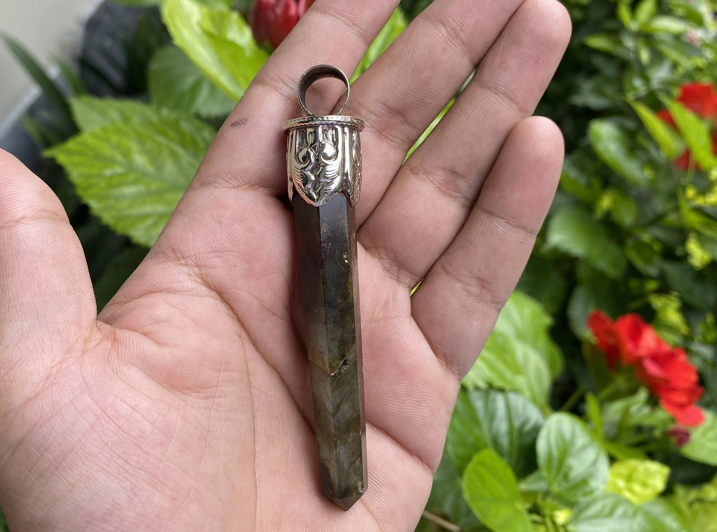 Aesthetic Labradorite Pendant: Big, Bold, and Perfect for Everyday Wear, Durable and Easy to wear, Hammered Tibetan Silver floral details.