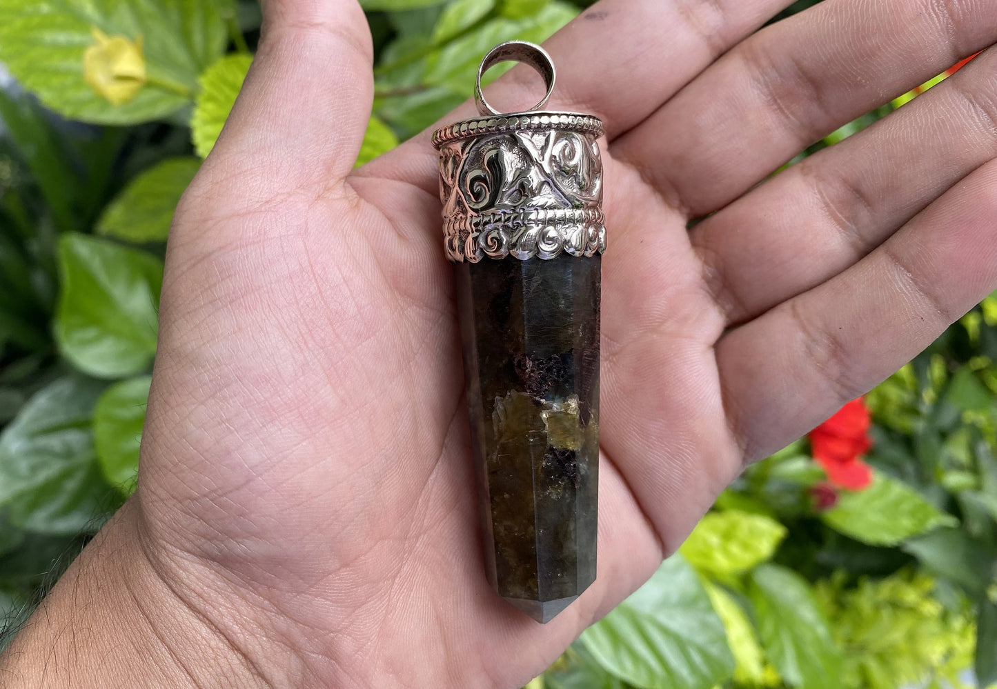 Aesthetic Labradorite Pendant: Big, Bold, and Perfect for Everyday Wear, Durable and Easy to wear, Hammered Tibetan Silver floral details.