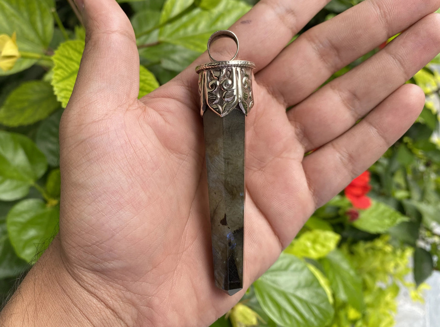 Aesthetic Labradorite Pendant: Big, Bold, and Perfect for Everyday Wear, Durable and Easy to wear, Hammered Tibetan Silver floral details.