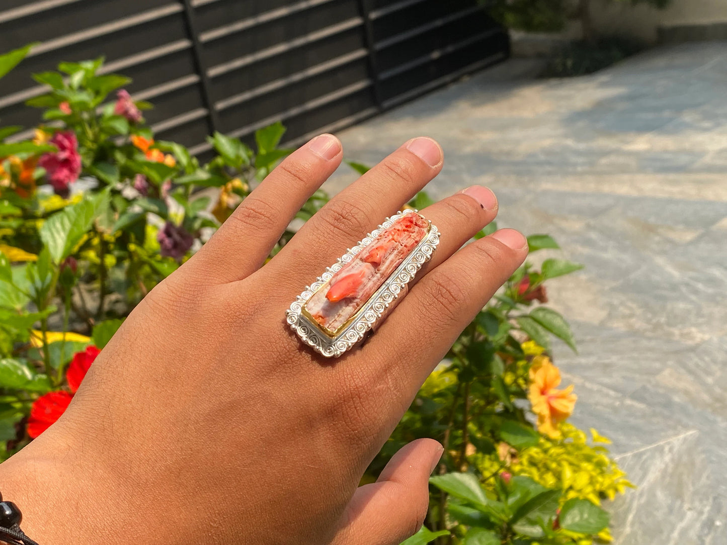 Aesthetic Spiny Orange Oyster Adjustable Ring, Two Tone Ring, Gold and Silver overlay over Brass.