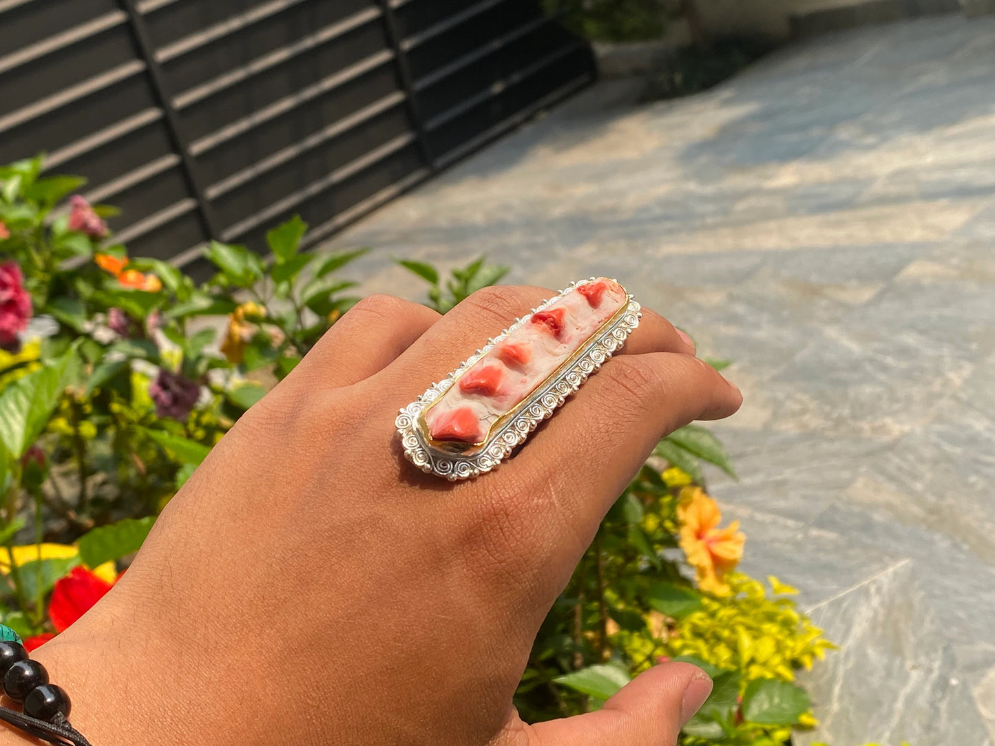Aesthetic Spiny Orange Oyster Adjustable Ring, Two Tone Ring, Gold and Silver overlay over Brass.