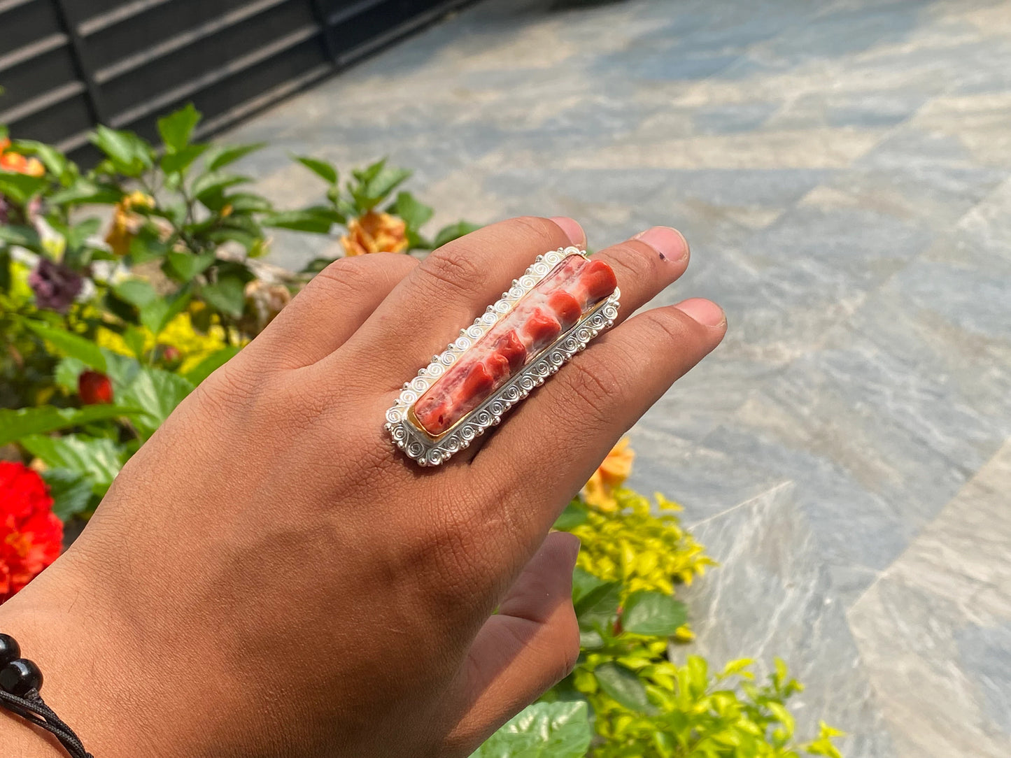 Aesthetic Spiny Orange Oyster Adjustable Ring, Two Tone Ring, Gold and Silver overlay over Brass.