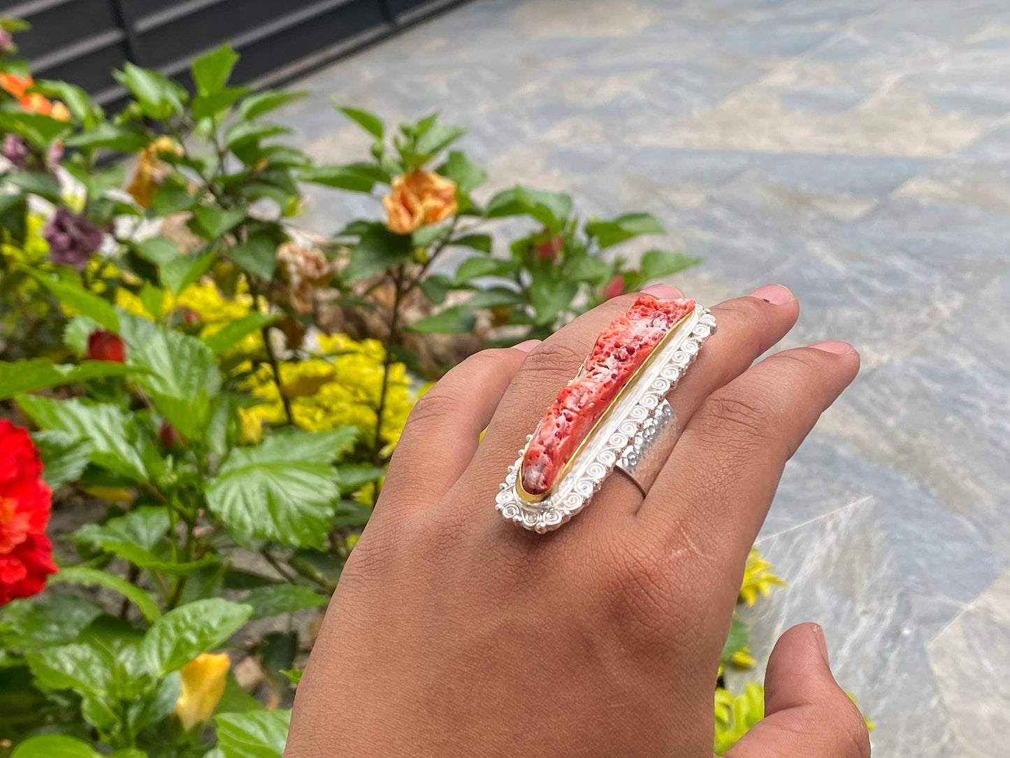 Aesthetic Spiny Orange Oyster Adjustable Ring, Two Tone Ring, Gold and Silver overlay over Brass.