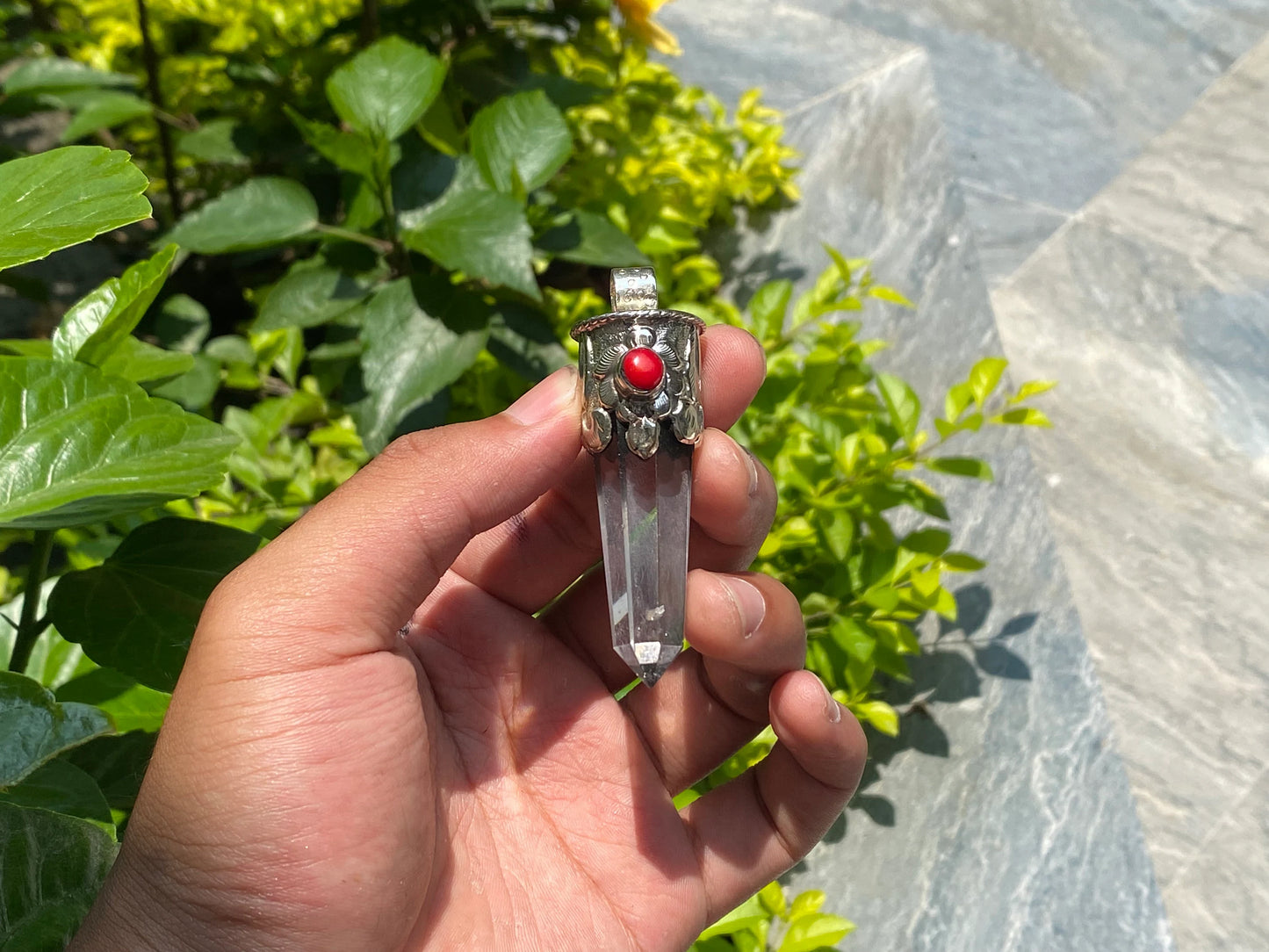 Aesthetic handmade Crystal Pendant, Pointed Pendant for daily wear, Antique Pendant, Handcrafted pendant, Coral adorned pendant.