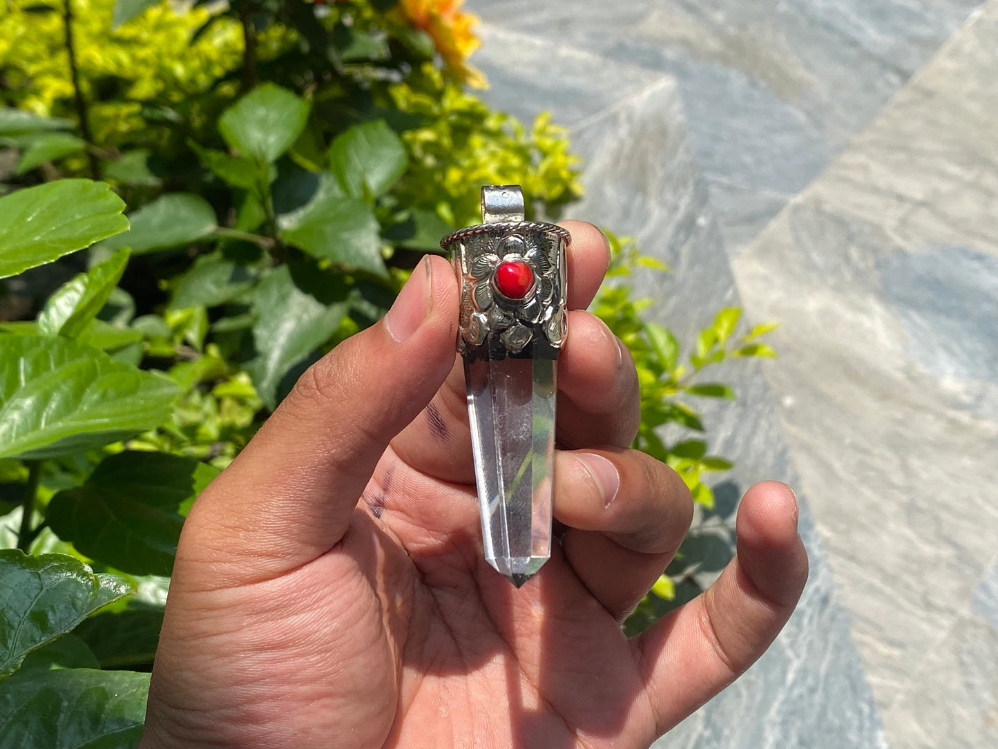 Aesthetic handmade Crystal Pendant, Pointed Pendant for daily wear, Antique Pendant, Handcrafted pendant, Coral adorned pendant.