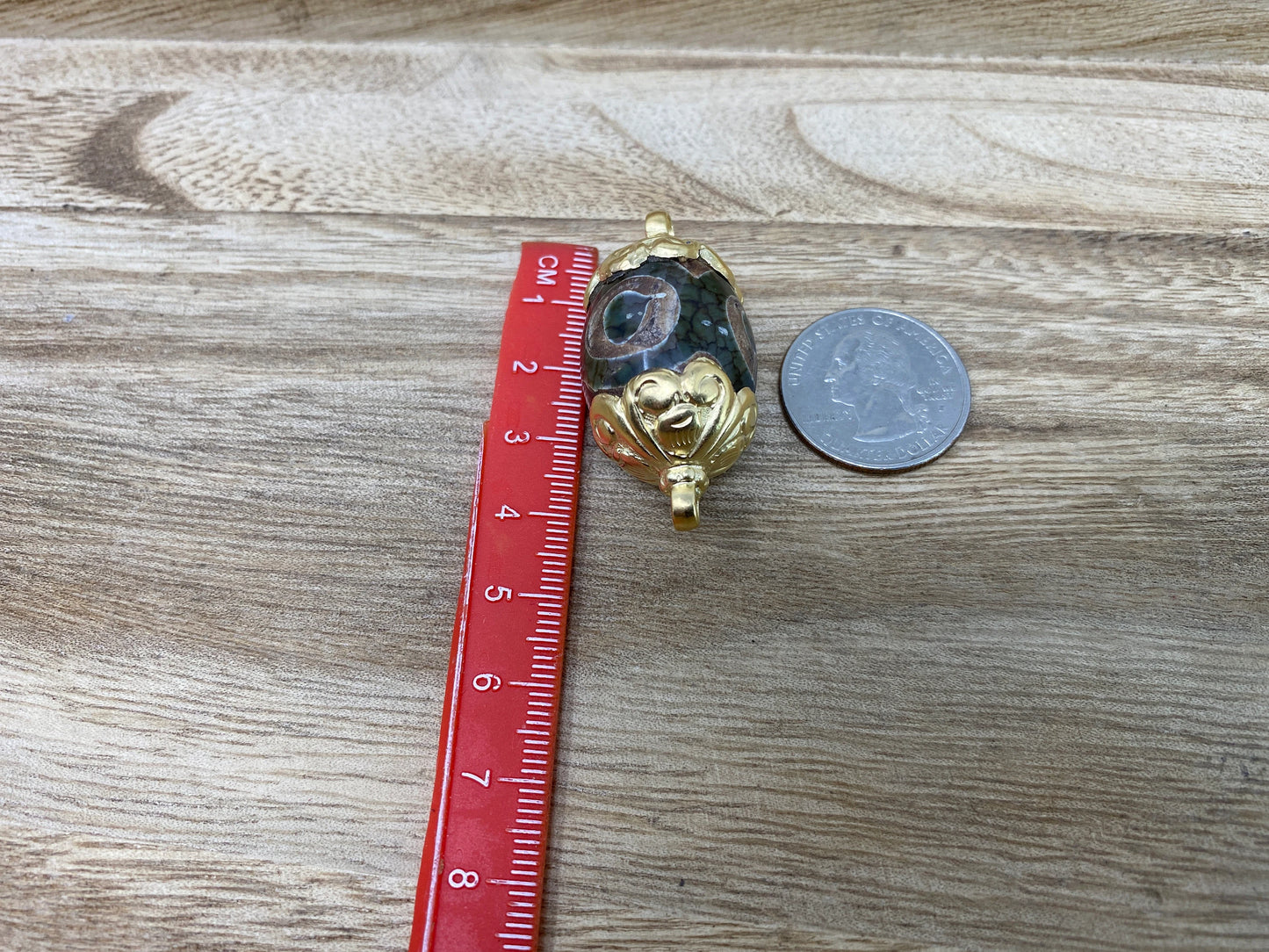 Agate Tibetan Handcrafted Bead, 14K Matte Gold Overlay over Brass, Himalayan Ethnic Tribe Boho Jewelry, Beads for Necklace, Both side Bail