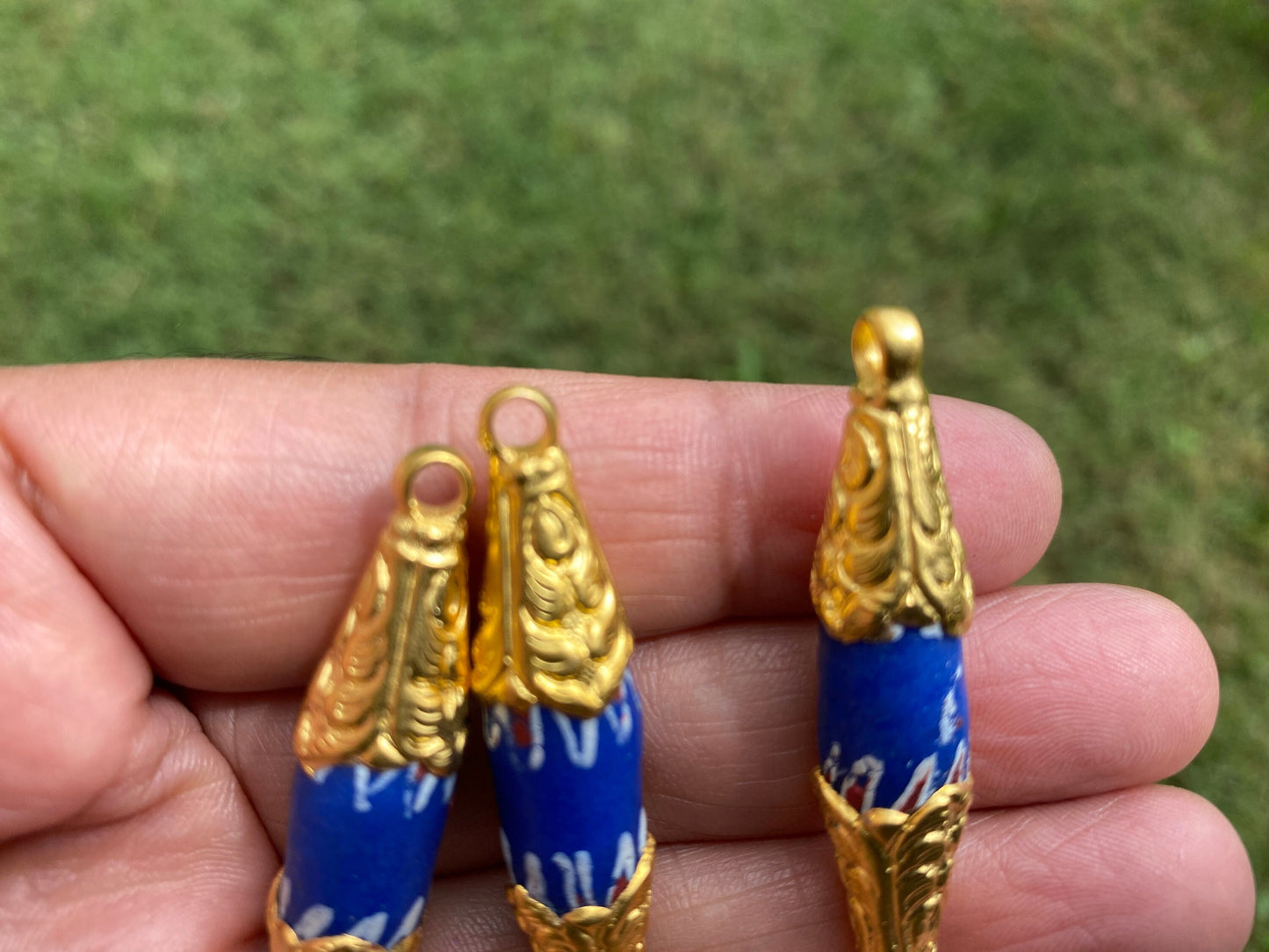 Aja Venetian Chevron African Beads, Old Tribal Glass African Trade Beads, Handcrafted Tibetan Designs Caps, 18K Matte Gold Overlay, Tribal