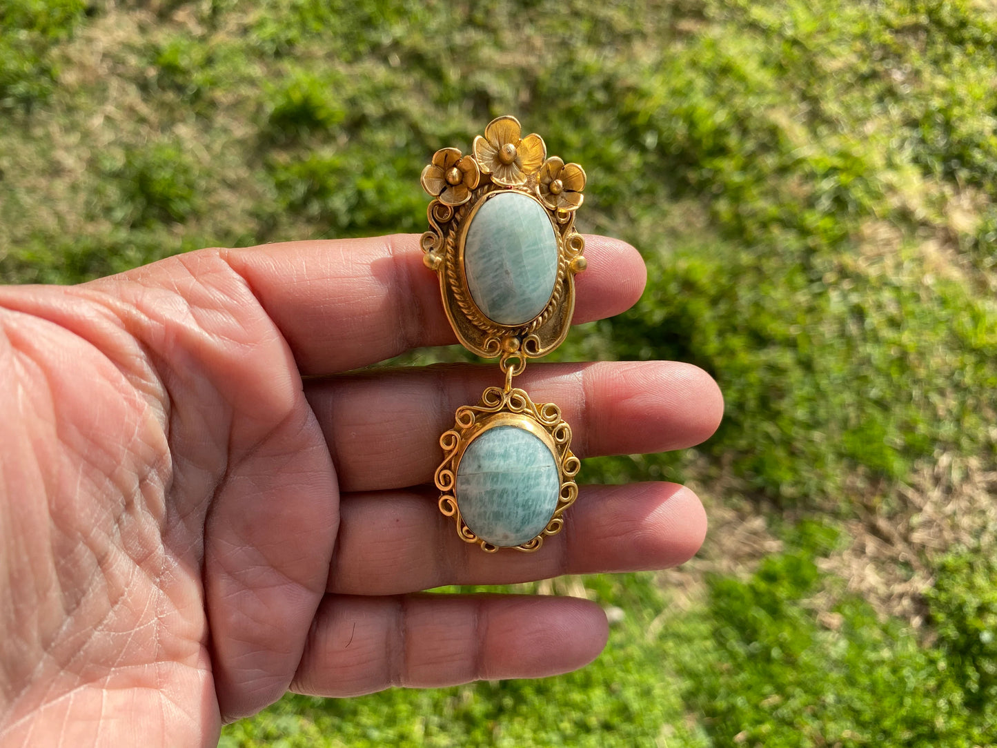 Amazonite Natural Stone Gold Pendant, Non Tarnish Brushed Gold Overlay, Jewelry for Women, Ethnic Jewelry, Spiritual Protection Inner Peace