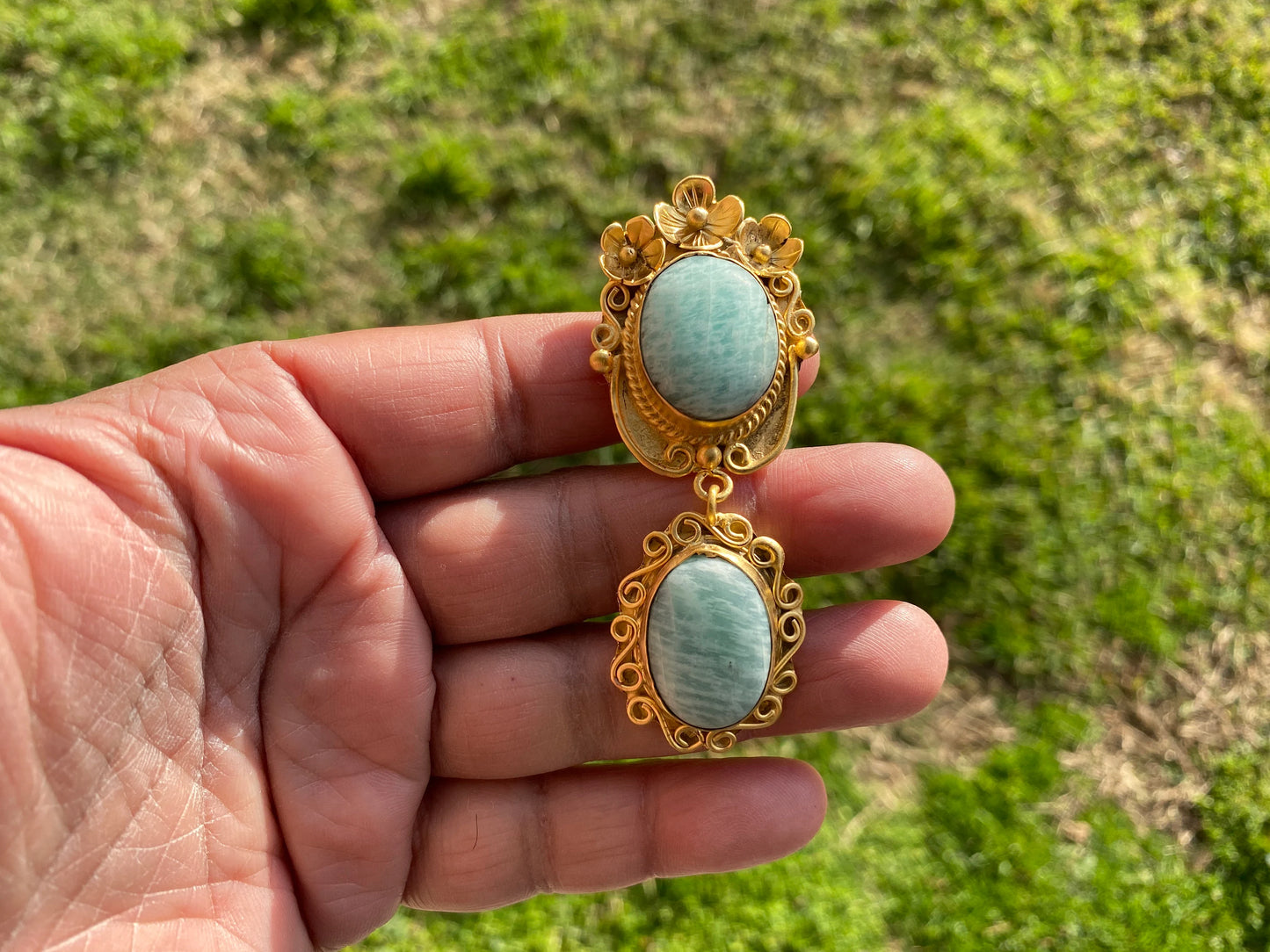 Amazonite Natural Stone Gold Pendant, Non Tarnish Brushed Gold Overlay, Jewelry for Women, Ethnic Jewelry, Spiritual Protection Inner Peace