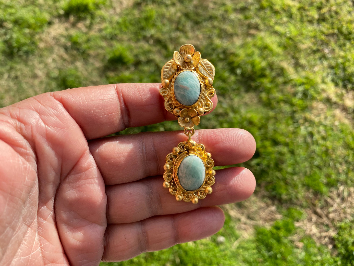 Amazonite Natural Stone Gold Pendant, Non Tarnish Brushed Gold Overlay, Jewelry for Women, Ethnic Jewelry, Spiritual Protection Inner Peace