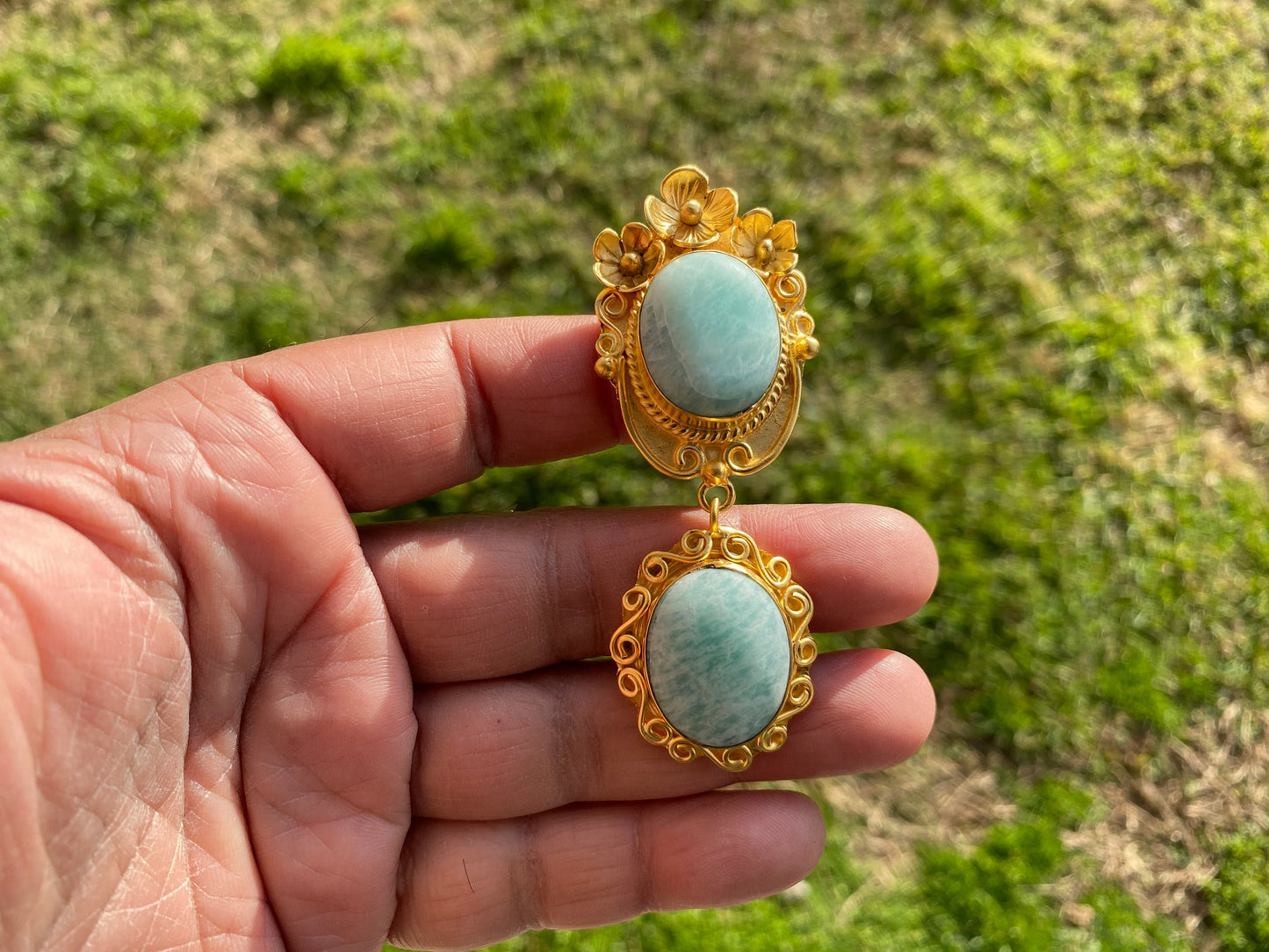 Amazonite Natural Stone Gold Pendant, Non Tarnish Brushed Gold Overlay, Jewelry for Women, Ethnic Jewelry, Spiritual Protection Inner Peace