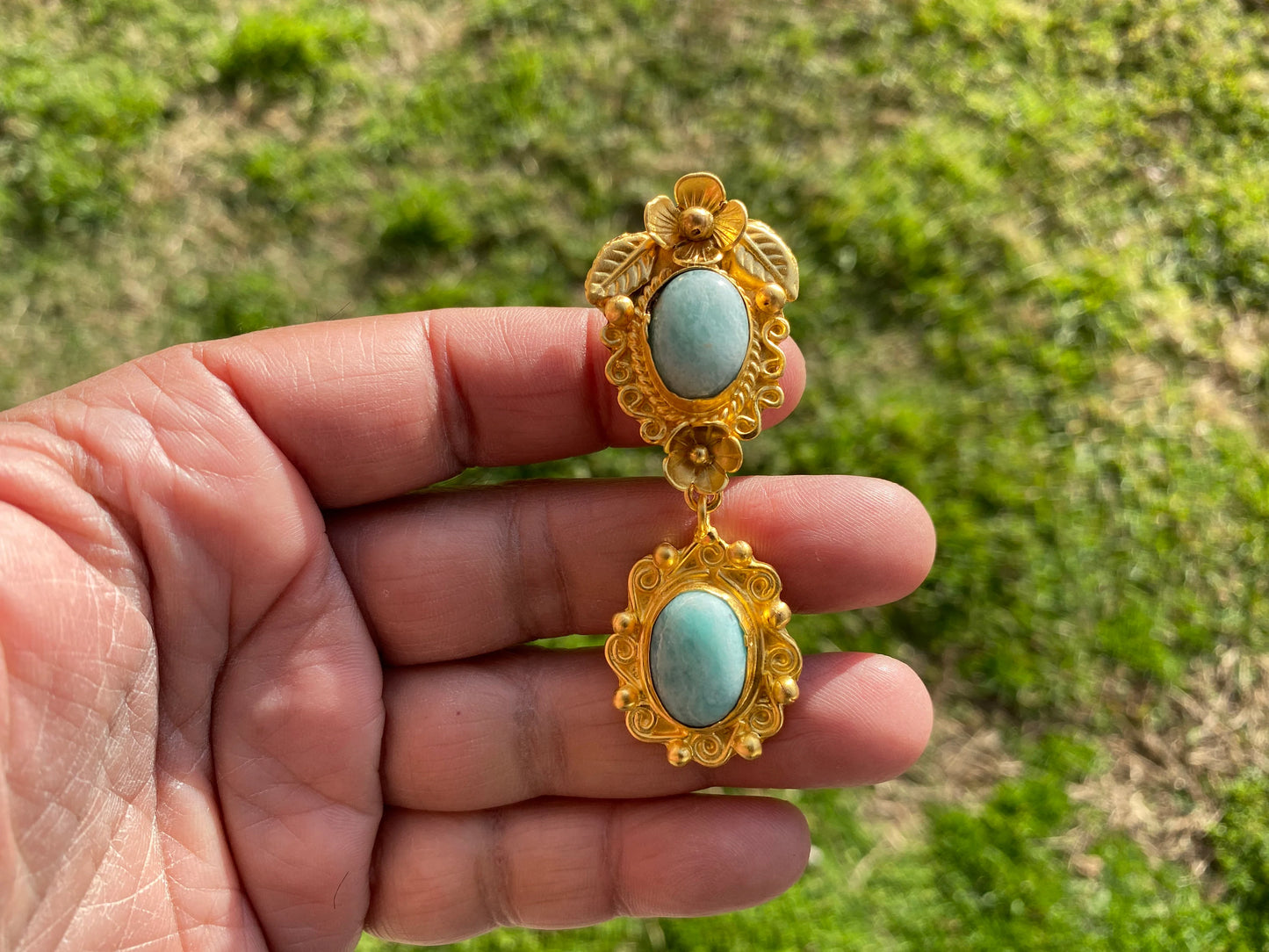 Amazonite Natural Stone Gold Pendant, Non Tarnish Brushed Gold Overlay, Jewelry for Women, Ethnic Jewelry, Spiritual Protection Inner Peace