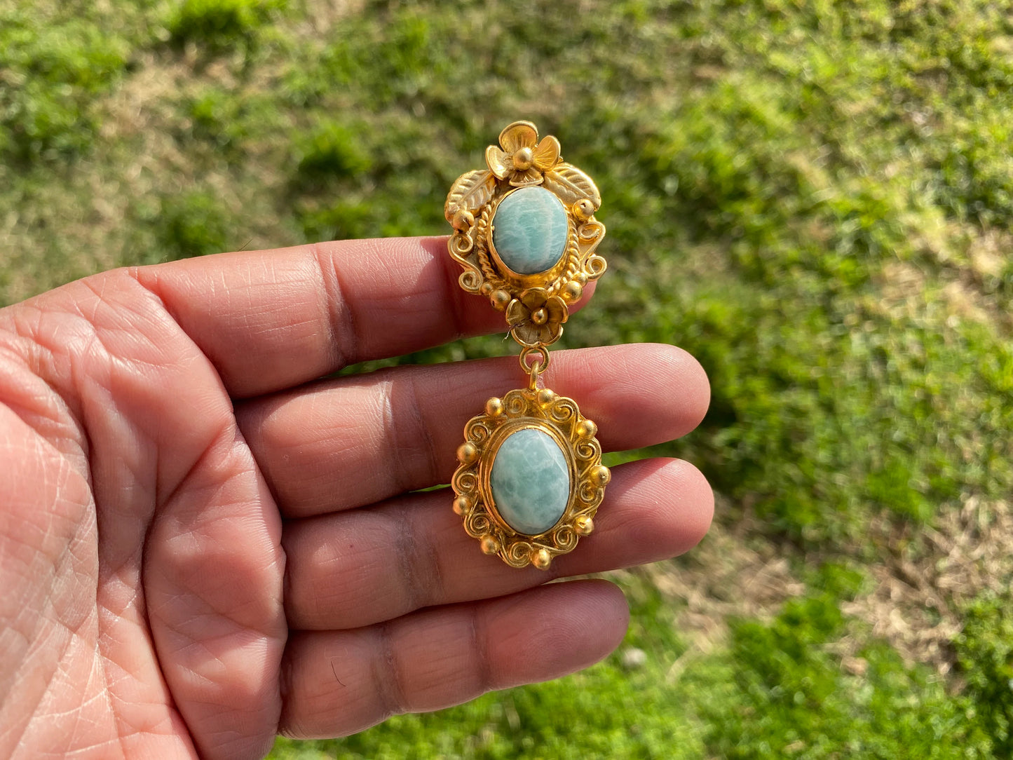Amazonite Natural Stone Gold Pendant, Non Tarnish Brushed Gold Overlay, Jewelry for Women, Ethnic Jewelry, Spiritual Protection Inner Peace