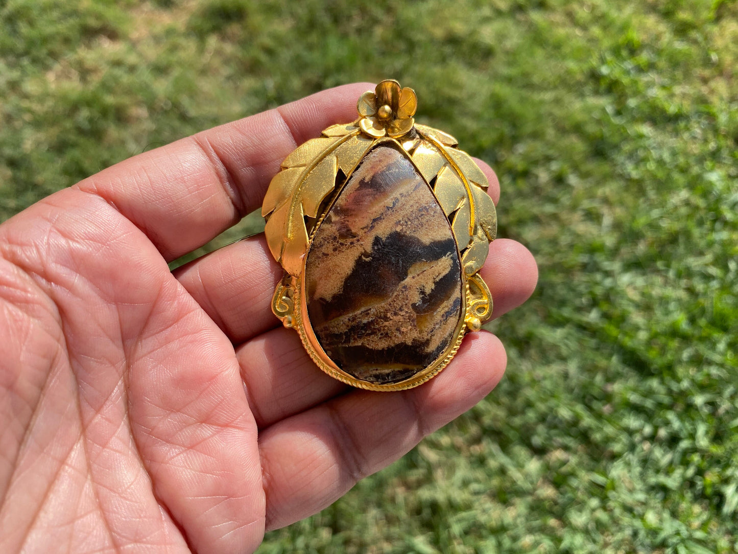 Amber Gemstone Pendant, Non tarnish Brushed Gold Overlay Jewelry, Fossilized Resin, Ancient Treasure, Organic Jewelry, Vintage Allure