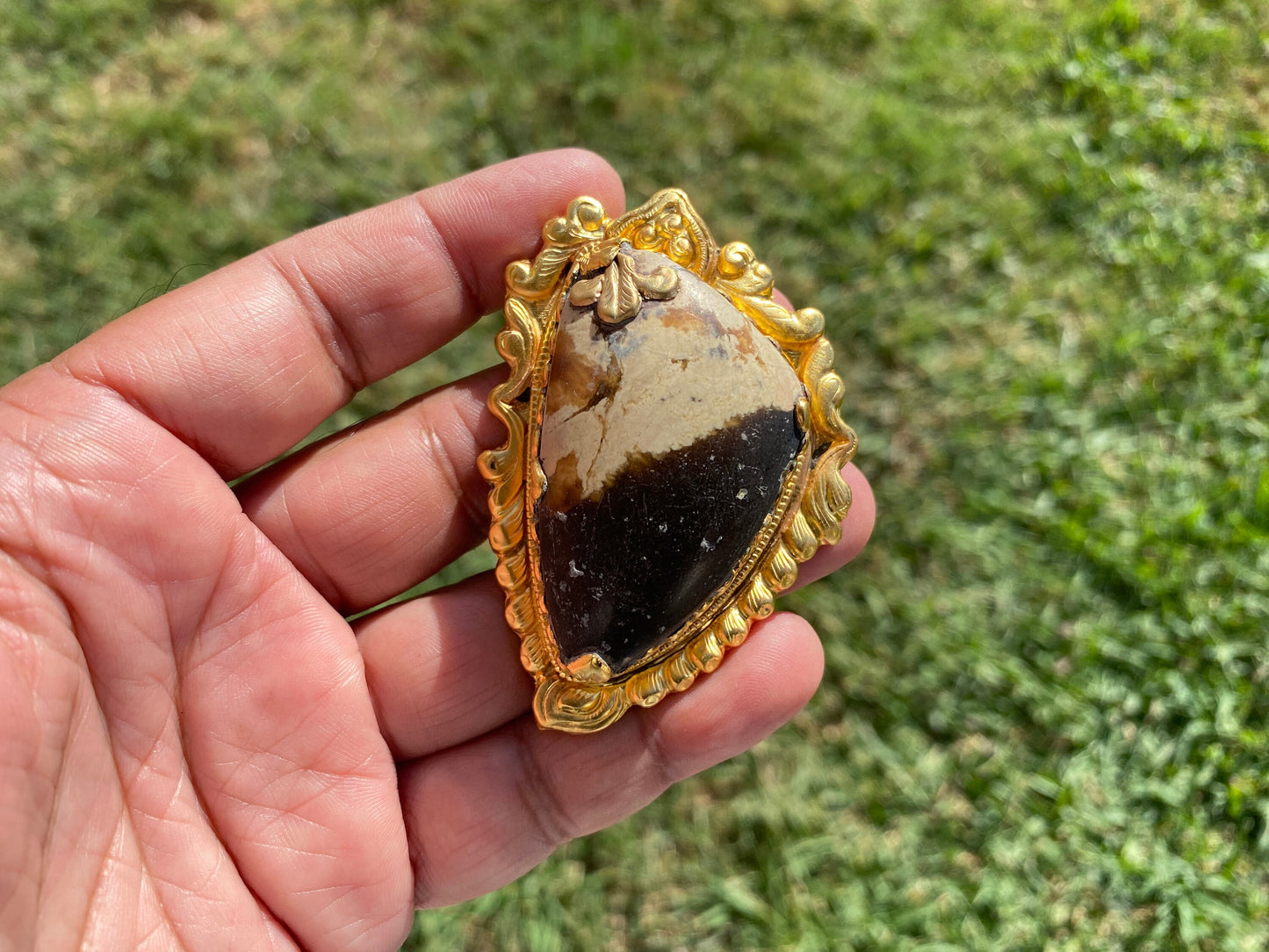 Amber Gemstone Pendant, Non tarnish Brushed Gold Overlay Jewelry, Fossilized Resin, Ancient Treasure, Organic Jewelry, Vintage Allure