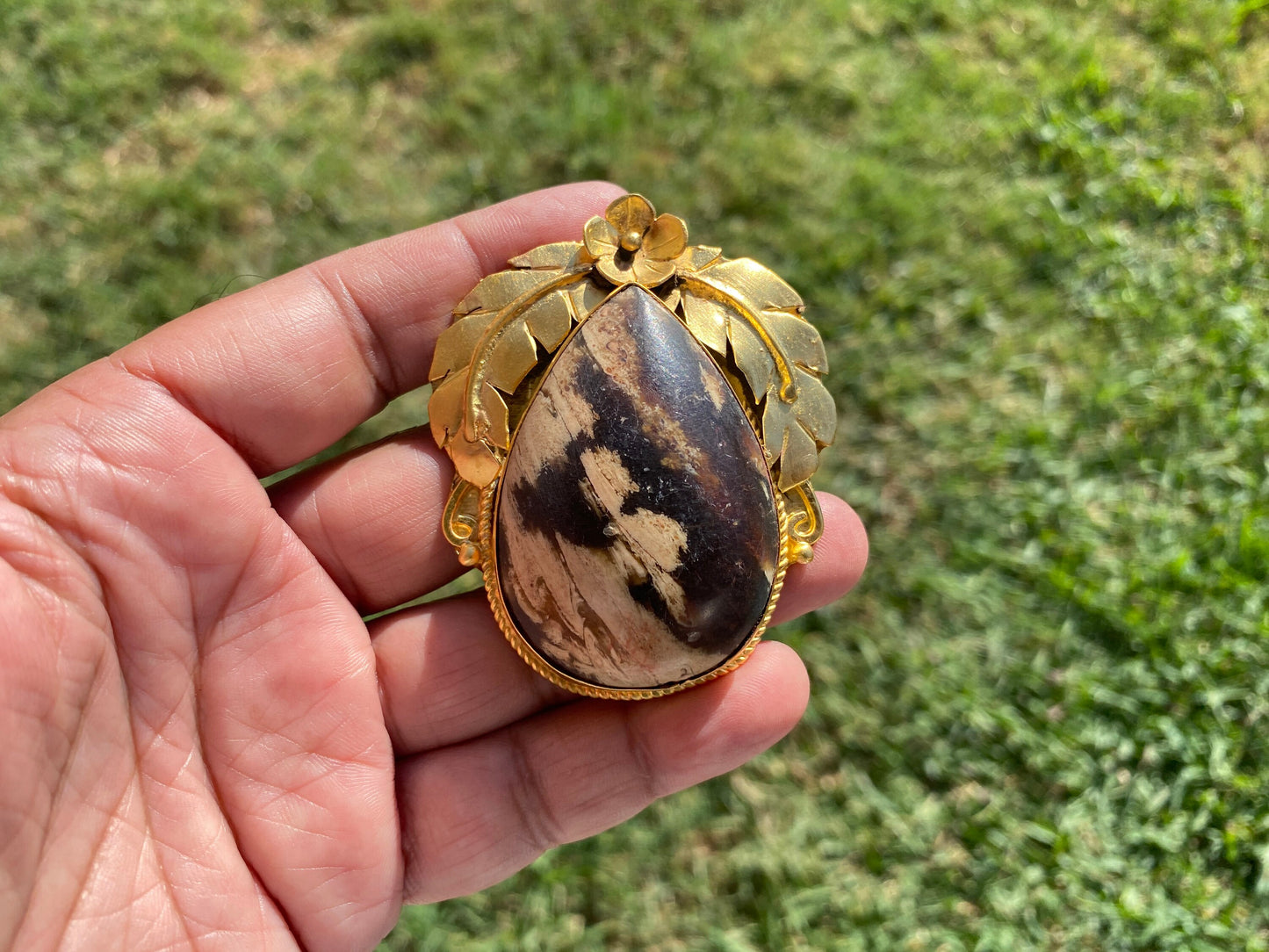 Amber Gemstone Pendant, Non tarnish Brushed Gold Overlay Jewelry, Fossilized Resin, Ancient Treasure, Organic Jewelry, Vintage Allure