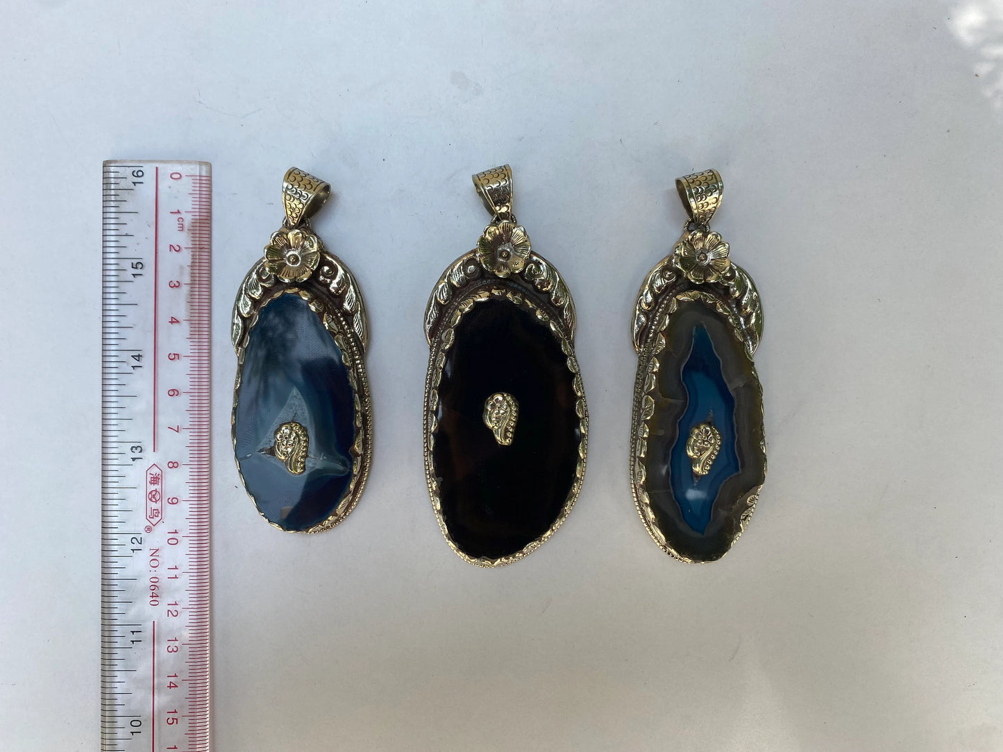 Antique Blue Agate Stone Pendant with Tibetan Silver Floral Motif, Agate Pendant with Tibetan Silver Floral Engravings
