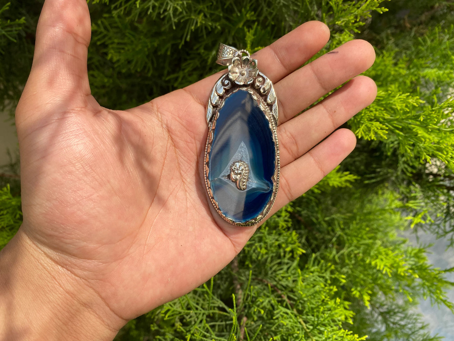 Antique Blue Agate Stone Pendant with Tibetan Silver Floral Motif, Agate Pendant with Tibetan Silver Floral Engravings