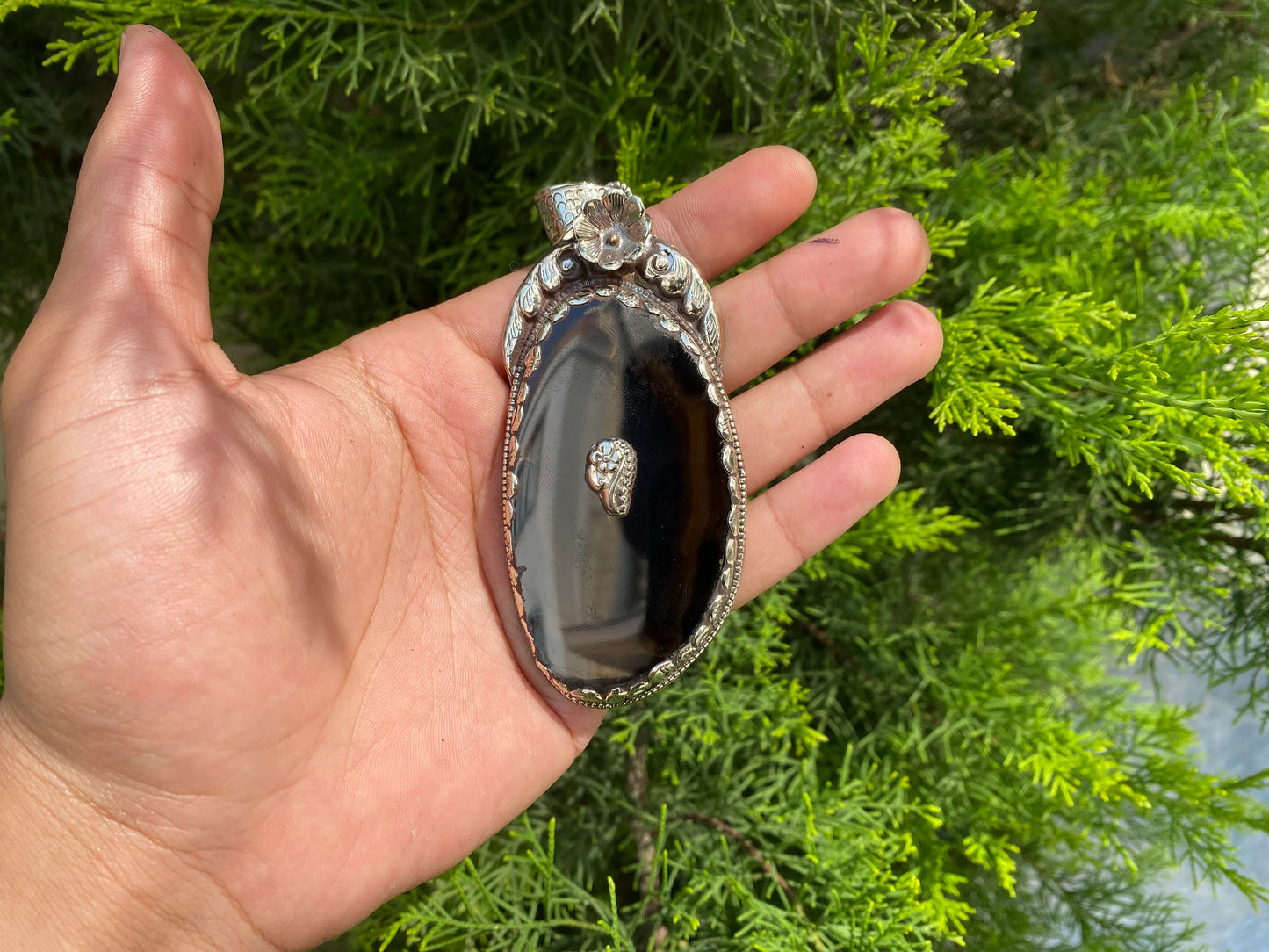 Antique Blue Agate Stone Pendant with Tibetan Silver Floral Motif, Agate Pendant with Tibetan Silver Floral Engravings