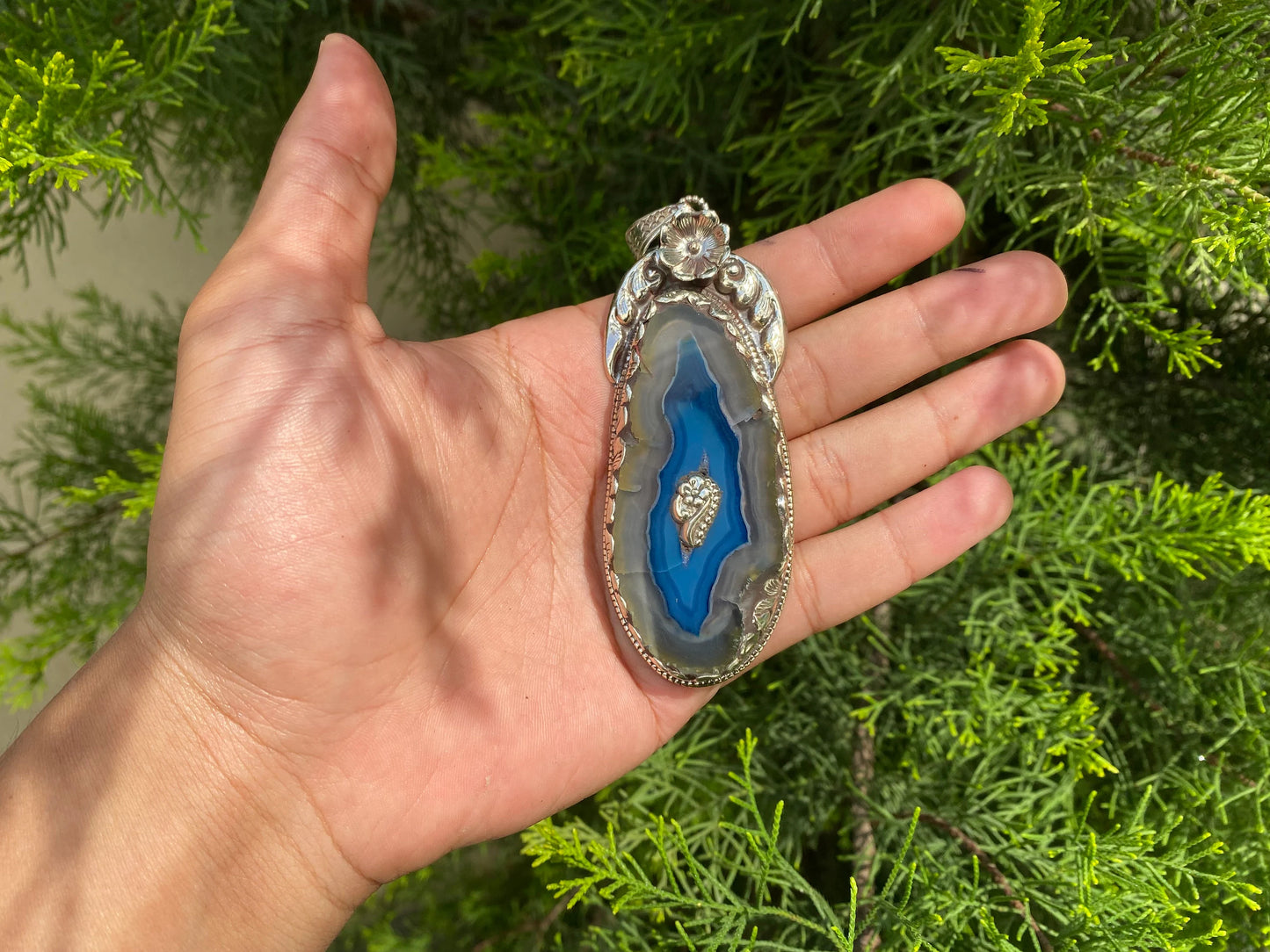 Antique Blue Agate Stone Pendant with Tibetan Silver Floral Motif, Agate Pendant with Tibetan Silver Floral Engravings