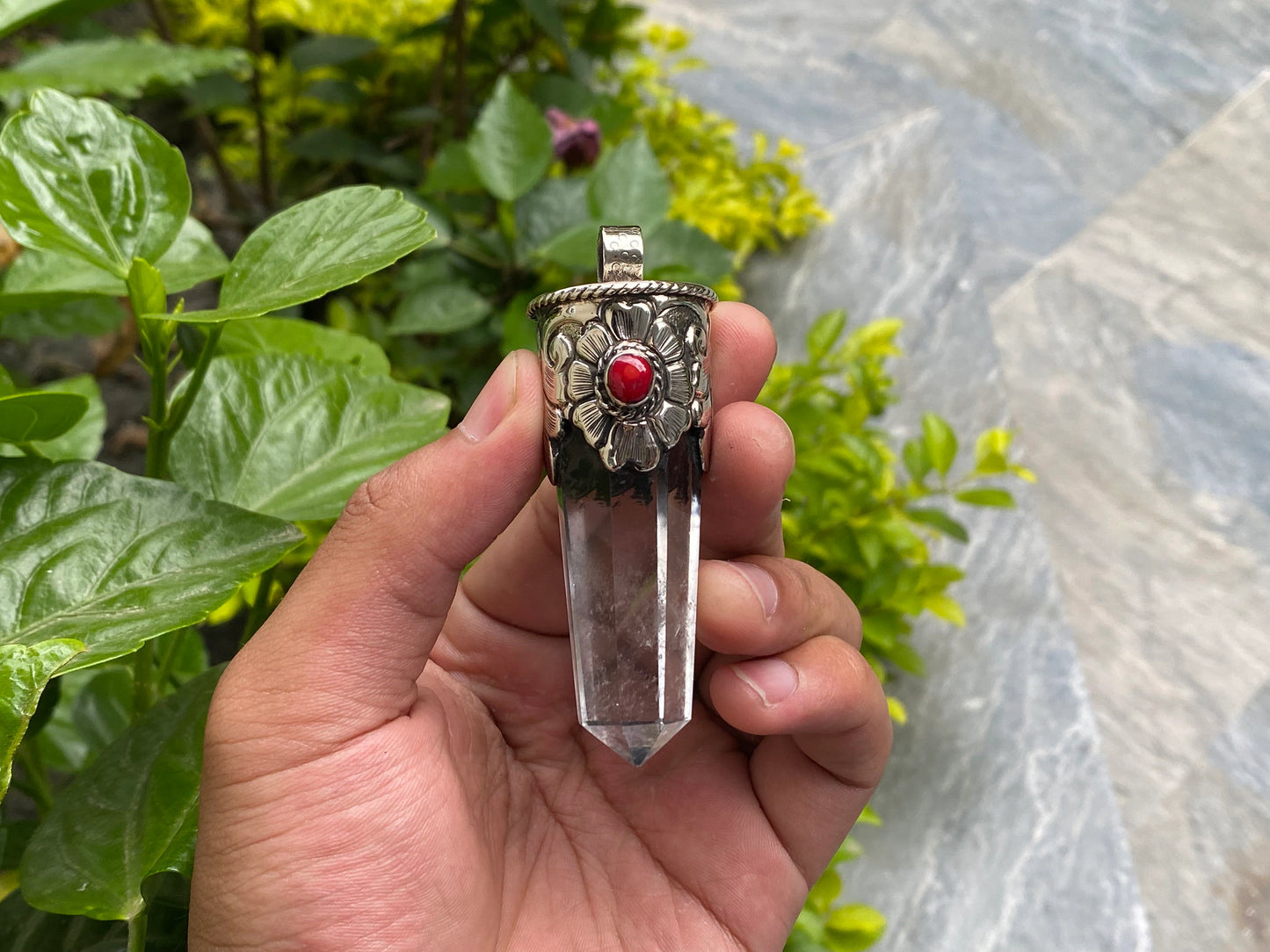 Antique Handmade Pendant, Natural Gemstone Pendant, Tibetan silver pendant, Pointed Pendant, Pendant for calmness, Unisex Pendant.