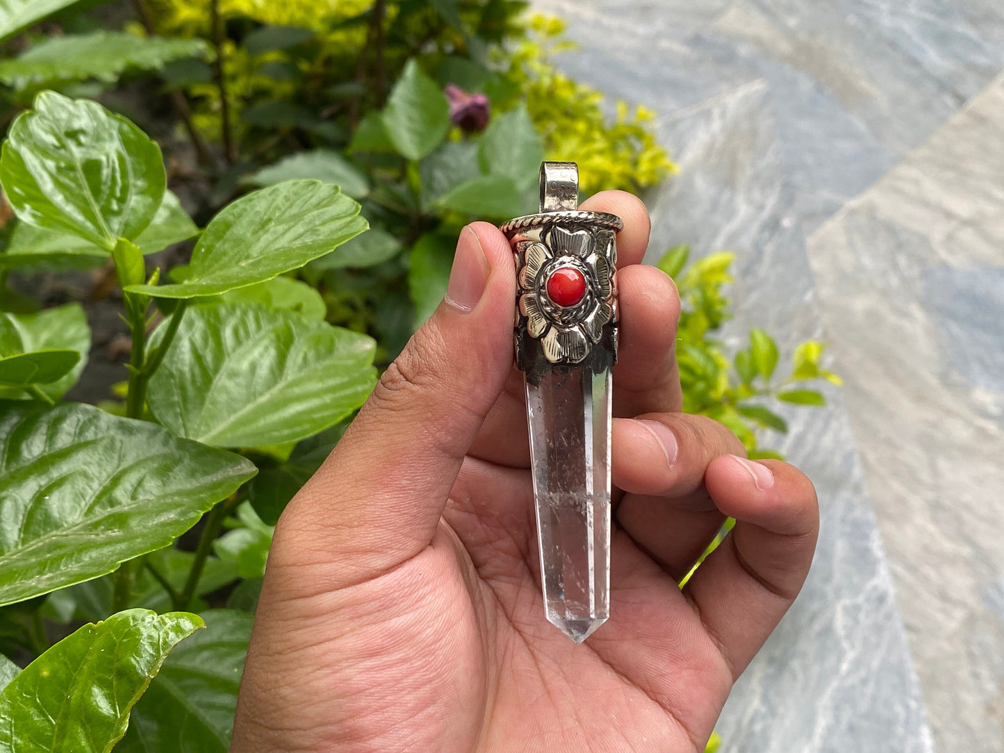 Antique Handmade Pendant, Natural Gemstone Pendant, Tibetan silver pendant, Pointed Pendant, Pendant for calmness, Unisex Pendant.