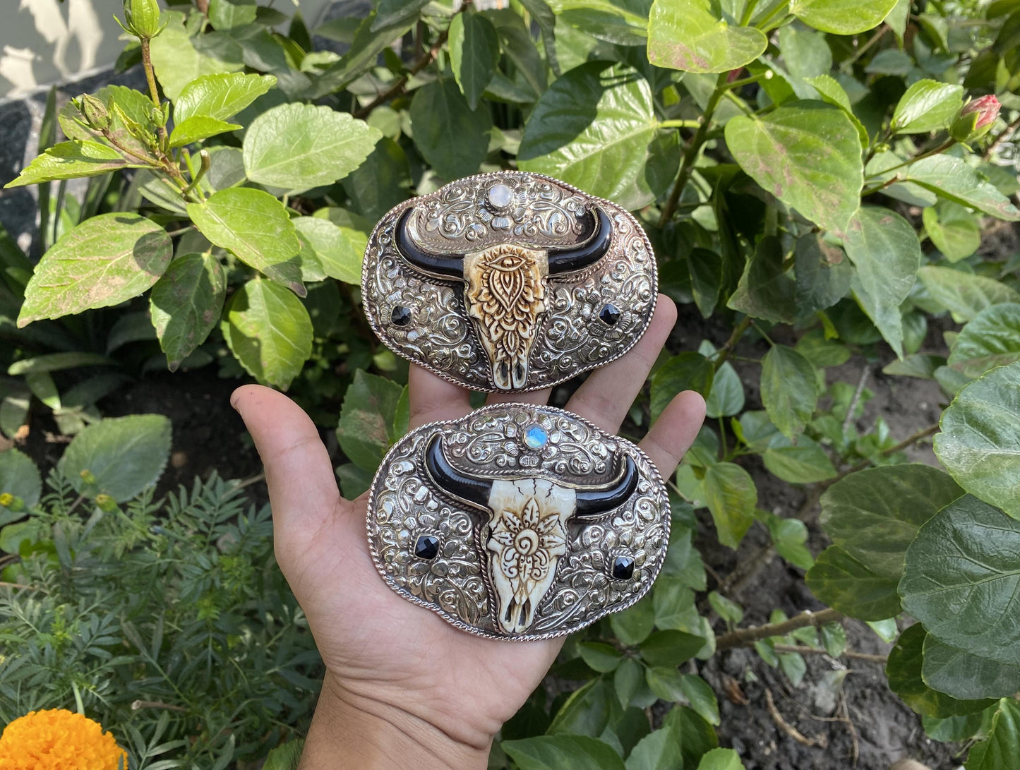 Antique Look Belt Buckle, Tibetan Silver with Moonstone, Black Onyx, and Mandala-inspired Floral Carved Buffalo Bone, Boho Style Belt Buckle