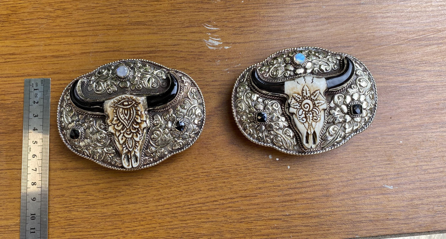 Antique Look Belt Buckle, Tibetan Silver with Moonstone, Black Onyx, and Mandala-inspired Floral Carved Buffalo Bone, Boho Style Belt Buckle