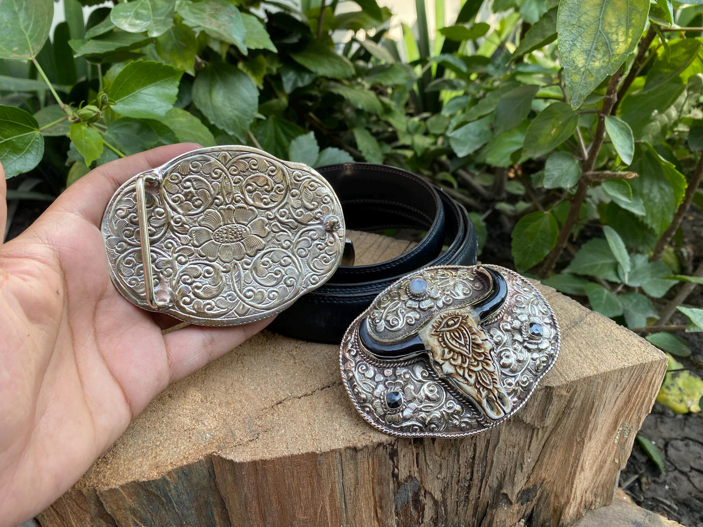 Antique Look Belt Buckle, Tibetan Silver with Moonstone, Black Onyx, and Mandala-inspired Floral Carved Buffalo Bone, Boho Style Belt Buckle