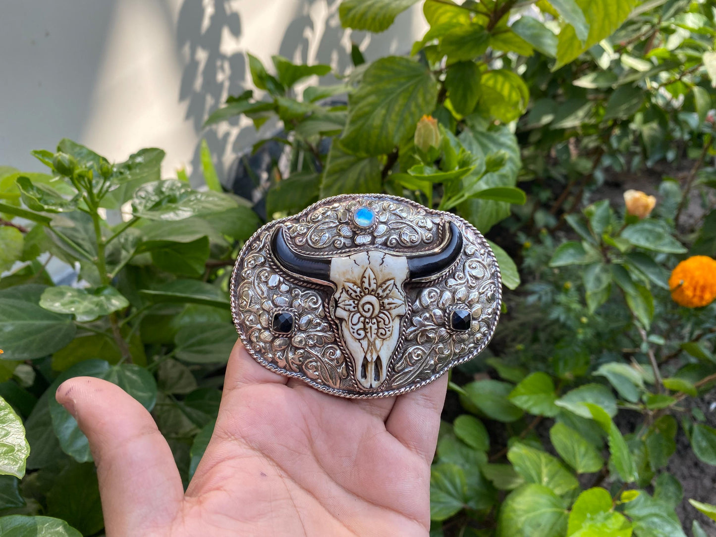 Antique Look Belt Buckle, Tibetan Silver with Moonstone, Black Onyx, and Mandala-inspired Floral Carved Buffalo Bone, Boho Style Belt Buckle