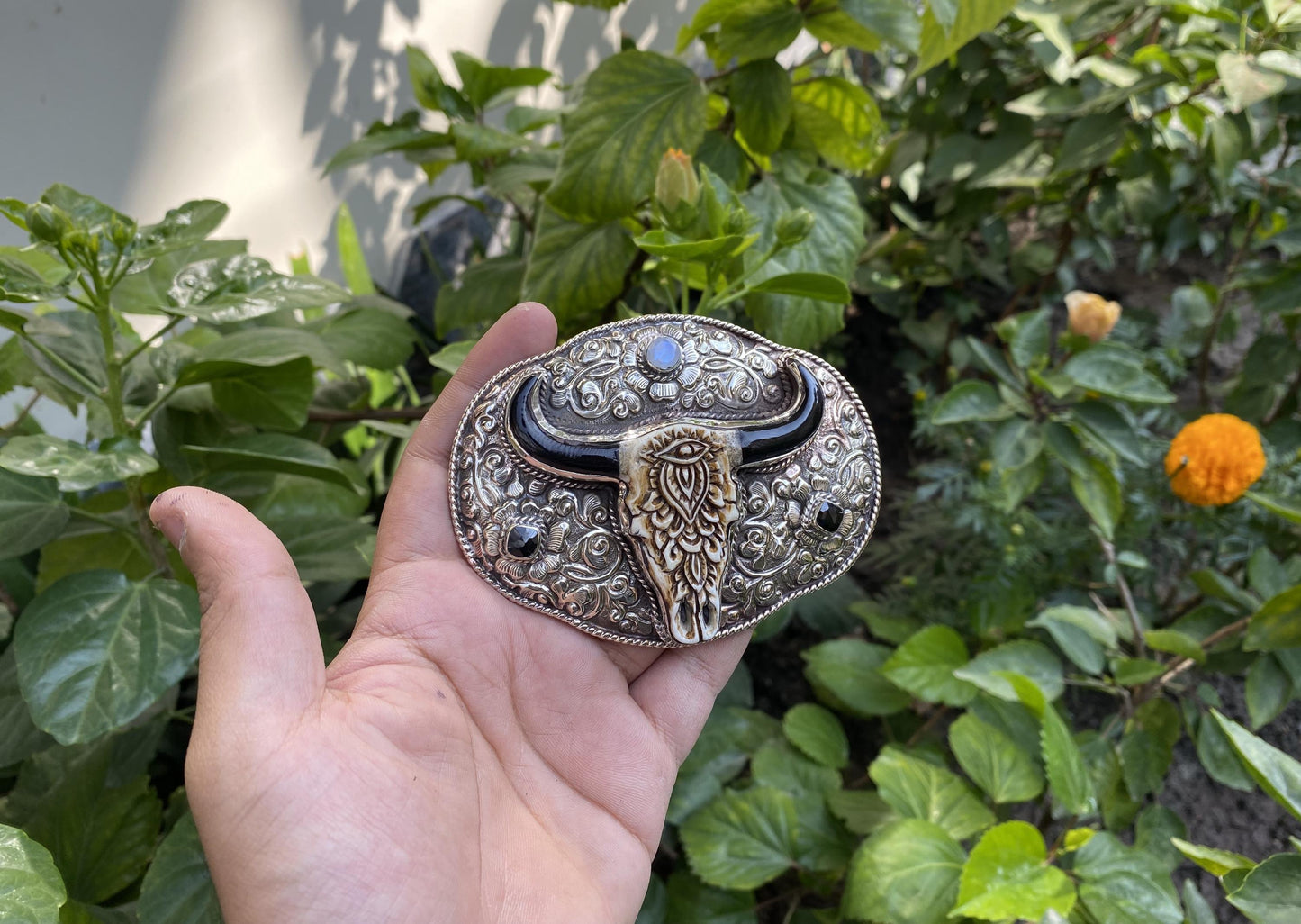 Antique Look Belt Buckle, Tibetan Silver with Moonstone, Black Onyx, and Mandala-inspired Floral Carved Buffalo Bone, Boho Style Belt Buckle